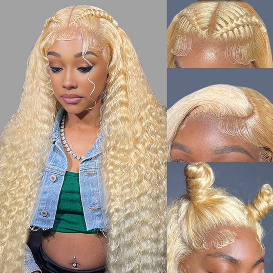 613 Lace Front Wig Human Hair 28 Inch Deep Wave Blonde Wig Human Hair 16A 13x4 HD 613 Deep Wave Blonde Lace Front Wigs Human Hair 180% Density Curly Blonde Frontal Wig Deep Wave 613 Wig Pre Plucked