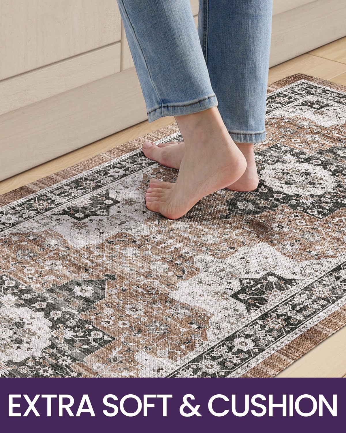 DEXI Kitchen Floor Mats Cushioned Anti Fatigue, 23x86 Long Wide Standing Comfort Runner Rug, Waterproof Retro Floral Memory Foam Padded for Front Sink Laundry, Brown/White