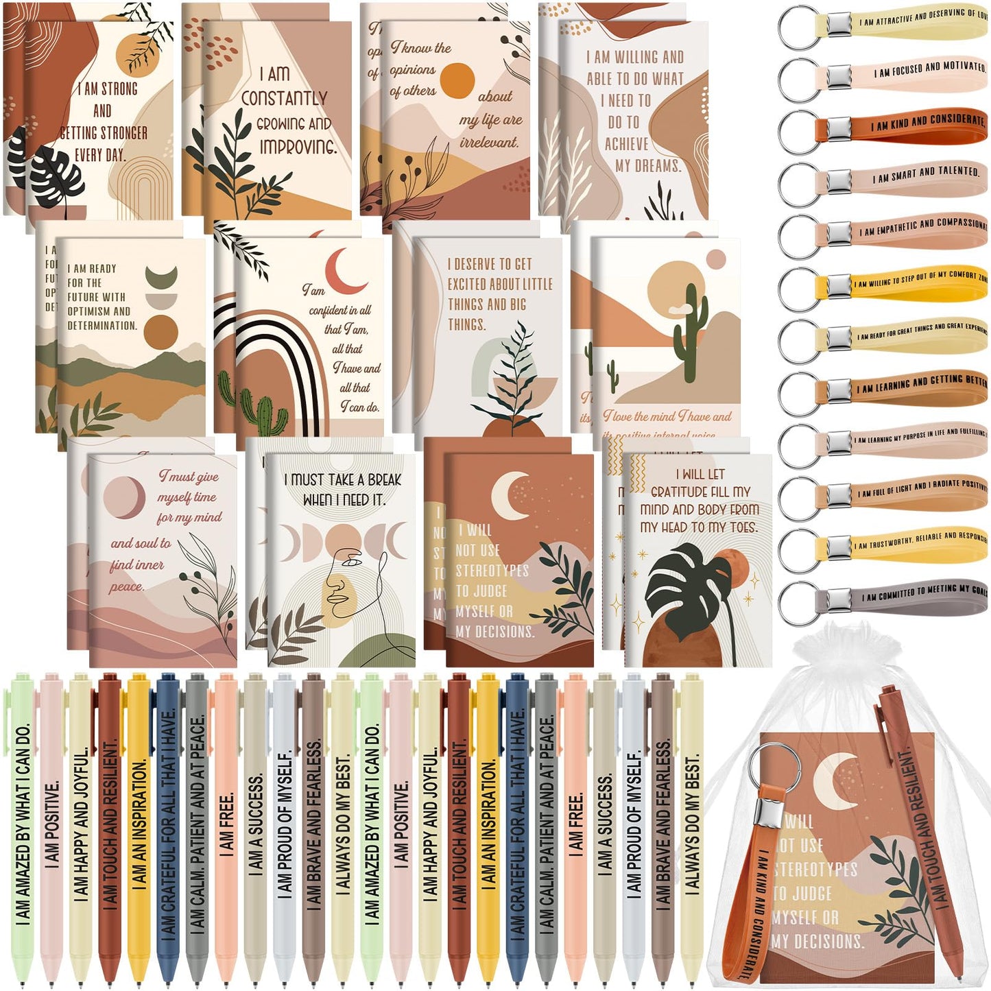 Mooliwe 48 Set Positive Affirmation Gift Set Gratitude Notebooks with Pens Keychains Small Bags Motivational Party Favors for Adult Women Coworkers Employee Group (Boho)
