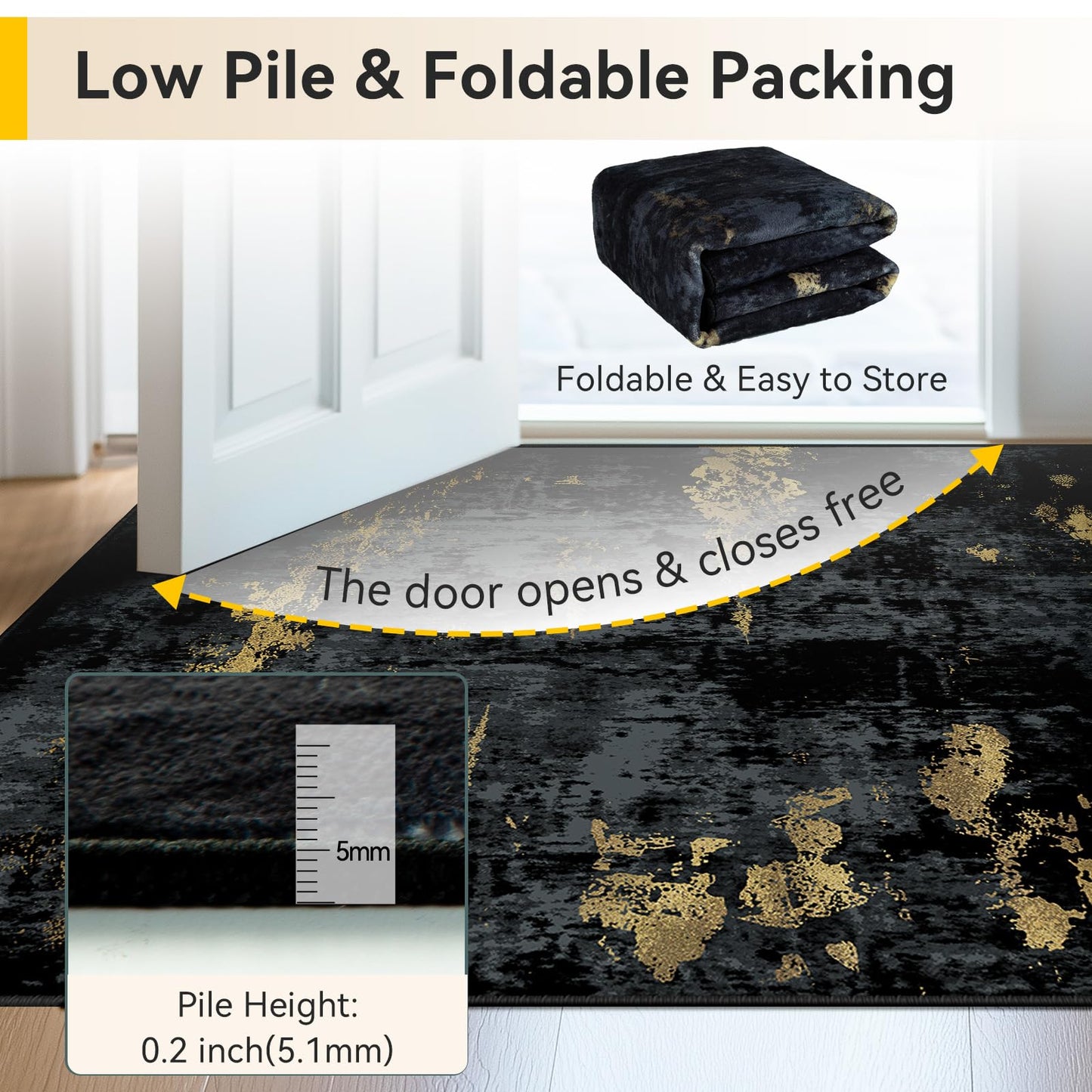 RELEANY Washable Area Rugs 5'x7' Non-Slip Modern Abstract Soft for Living Room Entryway Bedroom Kitchen, Print Pattern, Dark Black Gold