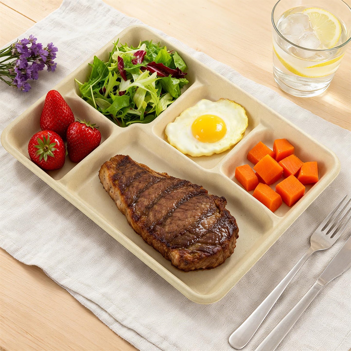 WELLIFE 100% Compostable 5 Compartment Paper Plates, 100 Pack Disposable School Lunch Trays Divided Plates for Adult Youth, 12.5 * 8.6 inch Heavy Duty Eco-Friendly Bagasse Plate for Buffet and Party