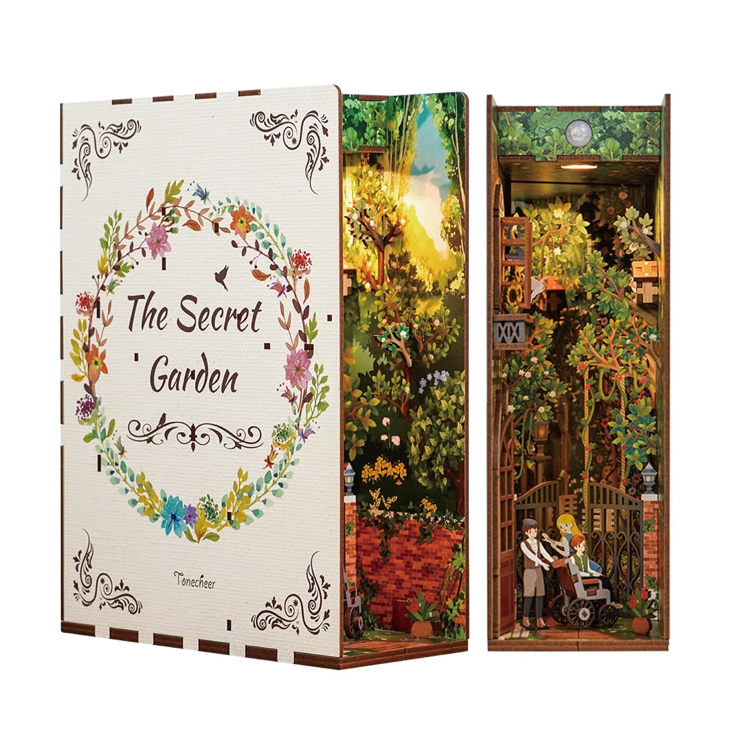 Tonecheer DIY Book Nook Kit for Adults, Booknook Wooden 3D Puzzle Bookend Garden Miniature House Kit, Fantasy Bookshelf Decor with Sensor LED Light Gifts for Birthday (The Secret Garden)