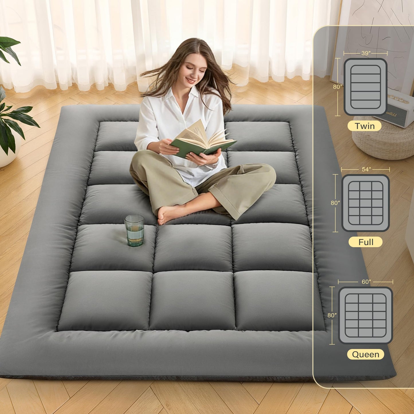 DOWNSTORIA Japanese Floor Mattress, Foldable Futon Mattress Tatami Mat with Handle, Roll Up Camping Sleeping Pad for Adults, Guestroom Floor Bed, Twin Size, Grey