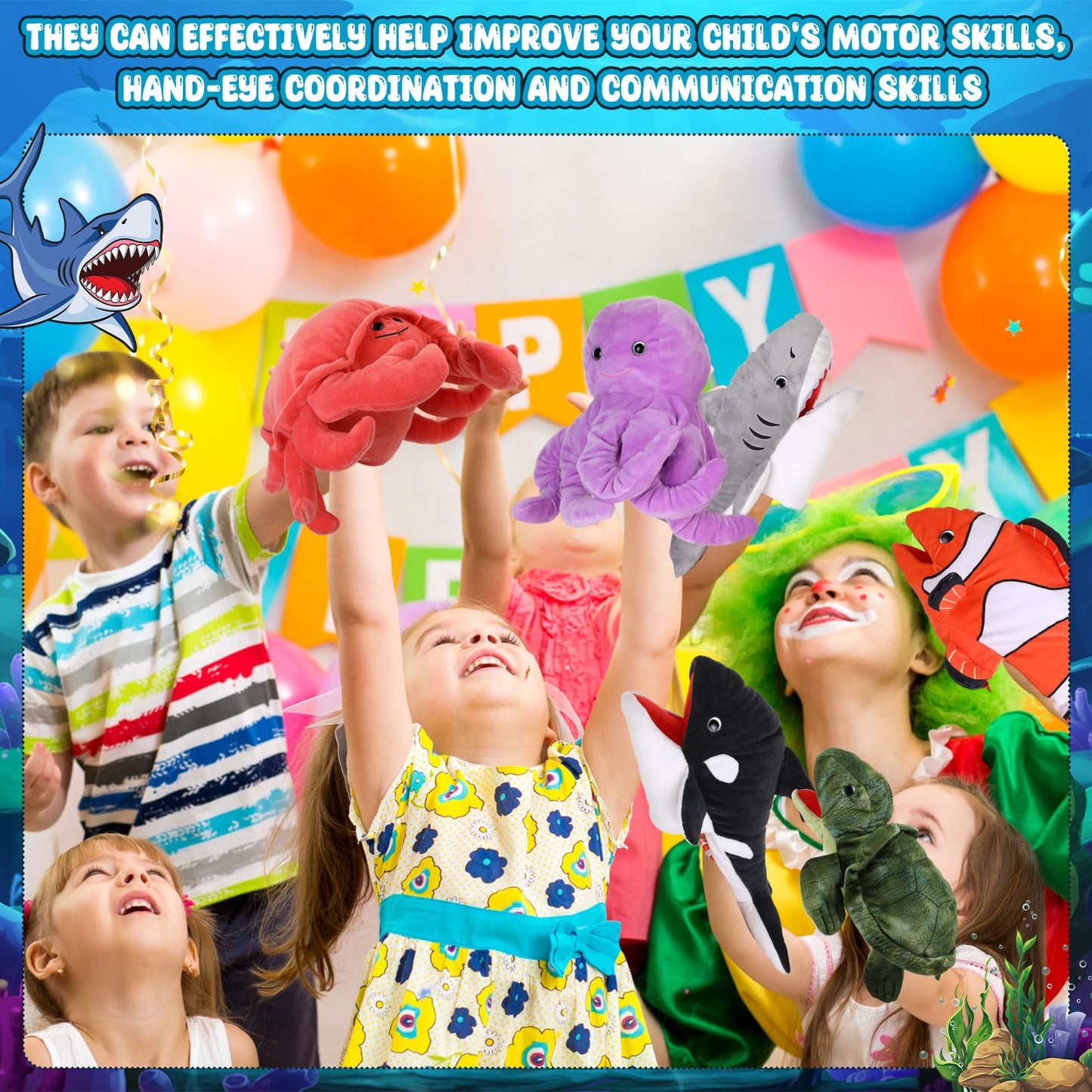 Liliful 6 Pieces Animal Hand Puppets Kids with Working Mouth Animal Puppets Toddler Plush Toy for Show Theater Birthday Easter Basket Stuffers,Sea