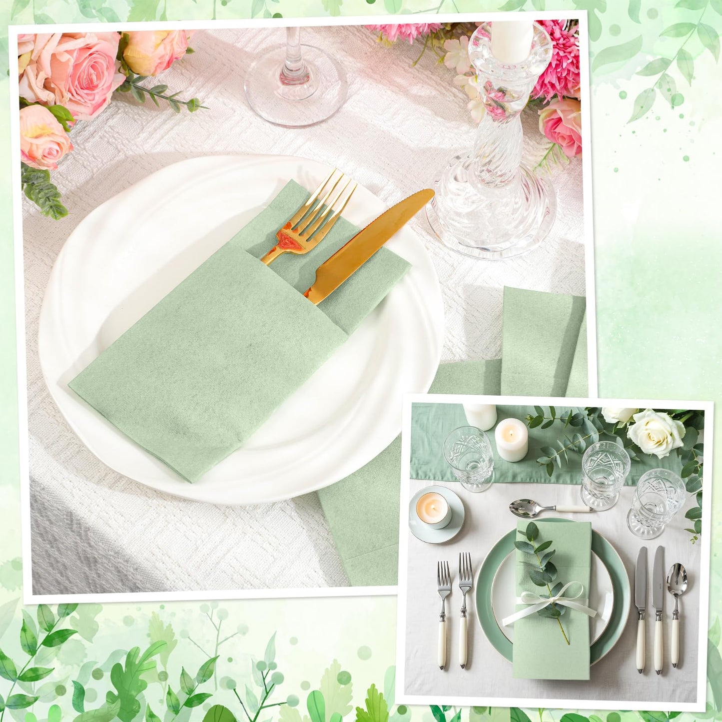 120 Pcs Sage Green Linen-Feel Paper Napkins with Built-in Flatware Pocket, Pocket Linen Napkins Prefolded Cloth Like Paper Napkins Bulk for Silverware Easter Wedding Baby Shower Birthday Bridal Party
