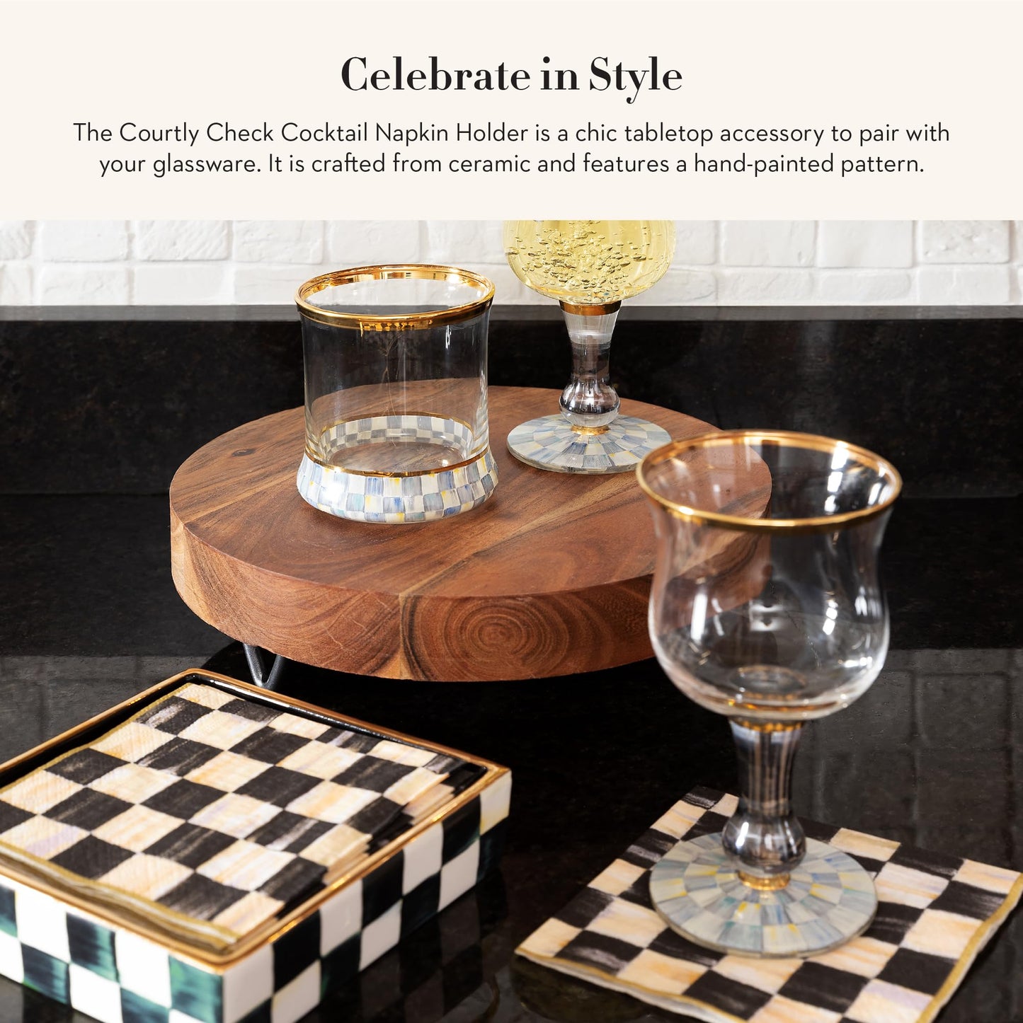 MACKENZIE-CHILDS Ceramic Cocktail-Napkin Holder, Kitchen Napkin Holder for Table and Countertop, Black-and-White Courtly Check