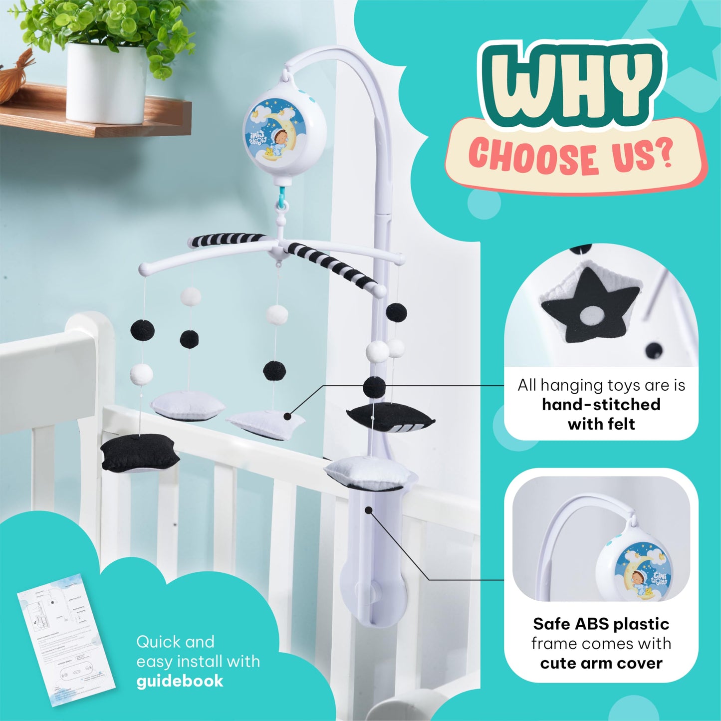 EVERLOVE Montessori Mobile Baby for Crib (TINITIGIES) - Black and White Mobile Give Visual Stimulation to Engage Your Newborn - Baby Crib Mobile for Boys & Girls - Baby Mobile for Crib