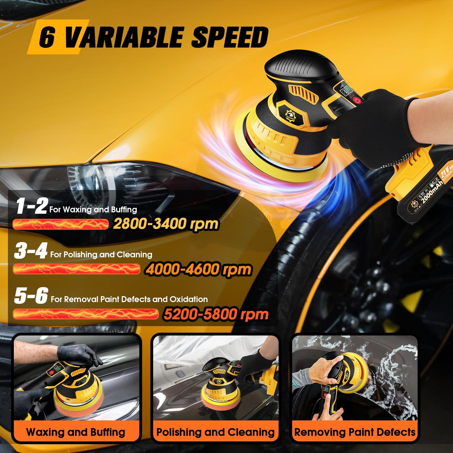 Niusken Cordless Car Buffer Polisher kit [2x 2000mAh 21V Batteries & 18 PCS Attachments] 6-Speed Orbital Design, LED Display, Lightweight Detailing Tool for Waxing, Polishing & Scratch Removal