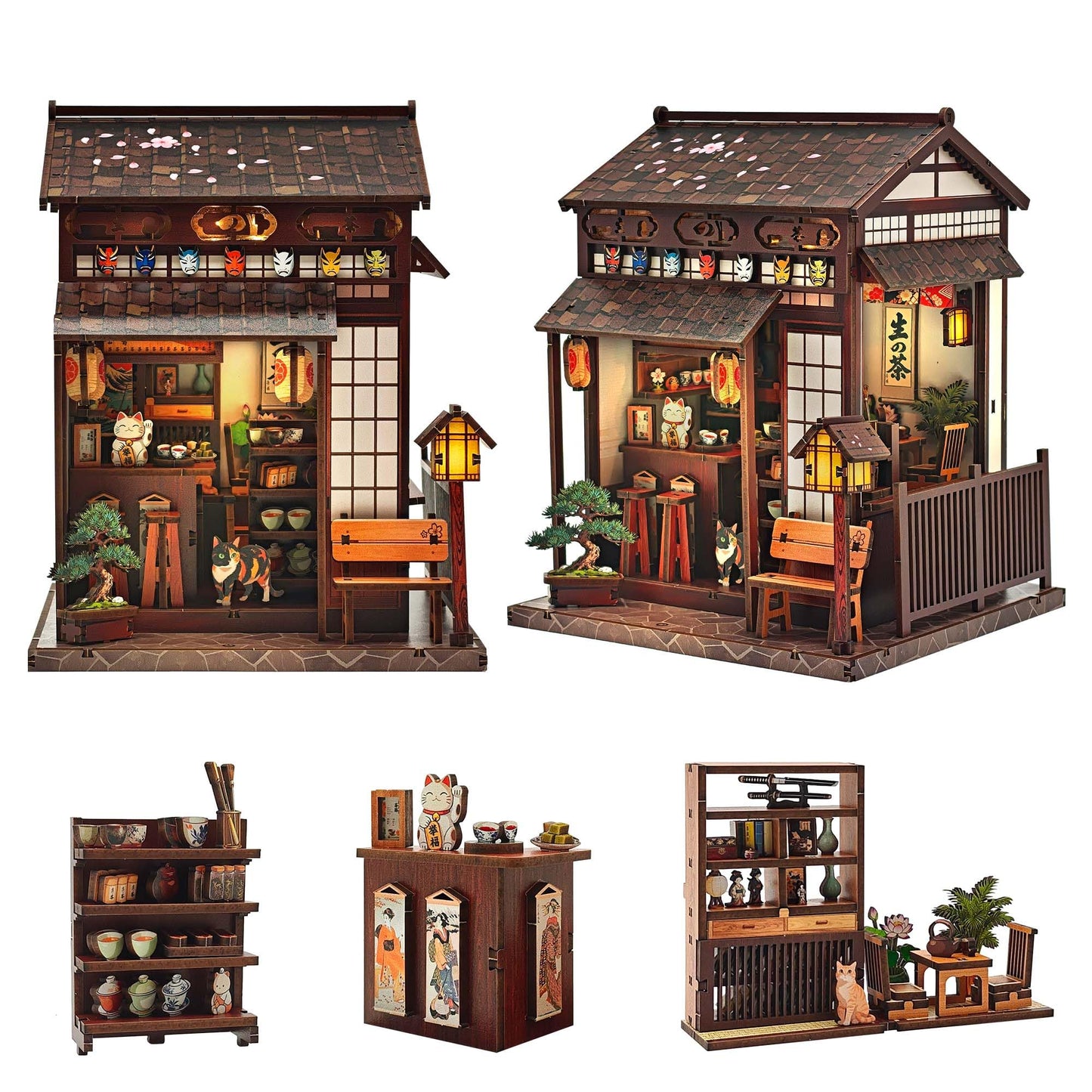 Lynnuo DIY Book Nook Kit, Sakura Tea Pavilion 3D Wooden Puzzle with LED Light, Japanese Miniature House Kit for Adults & Beginners, Bookshelf Insert Decor Creative Gifts (220 PCS, 3-Hour Build)
