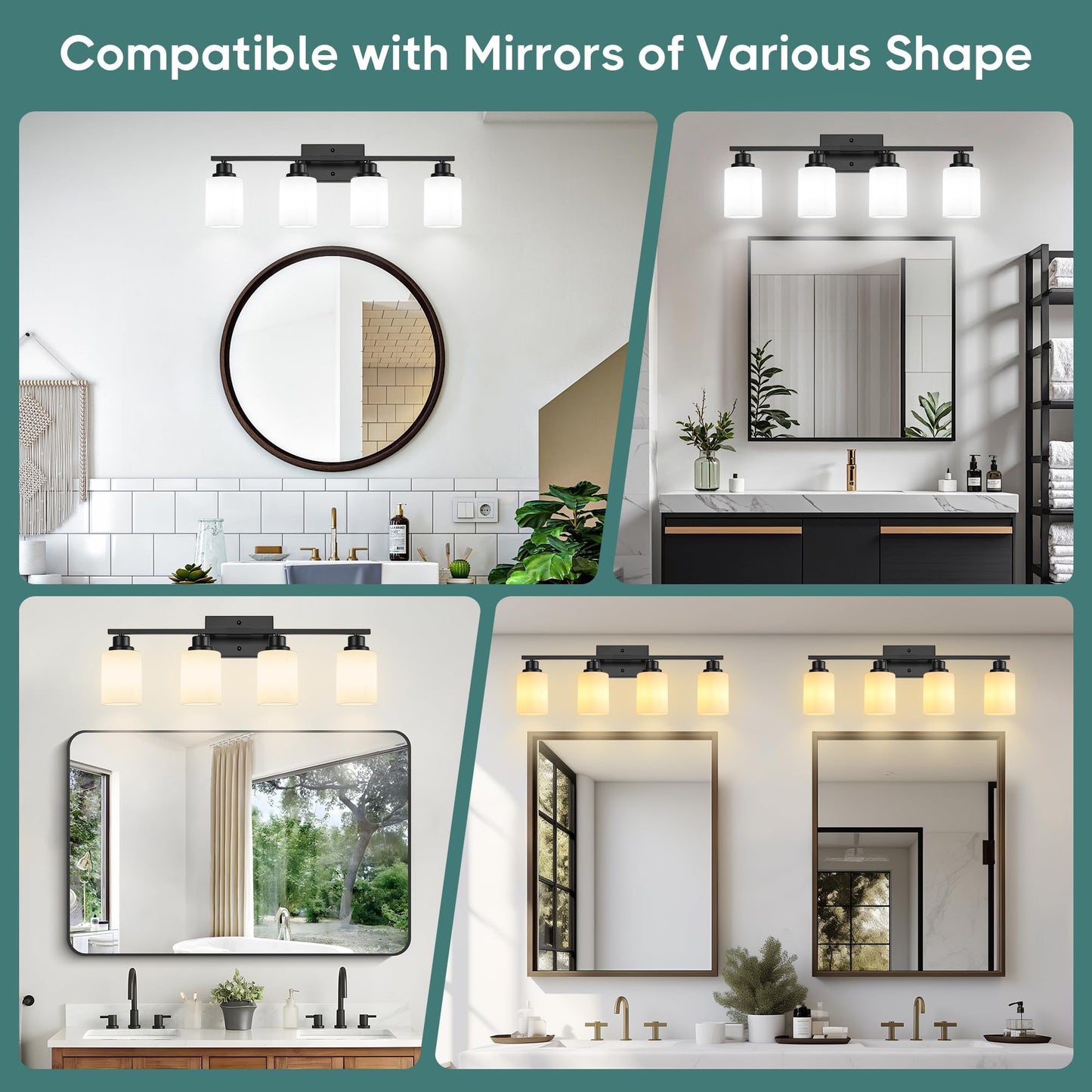 Ascher Bathroom Light Fixtures, 4-Light Vanity Light Over Mirror, Matte Black Wall Sconces with Milky White Frosted Glass Shades, Wall Lamp for Living Room Bedroom, E26 Base(Bulbs Not Included)