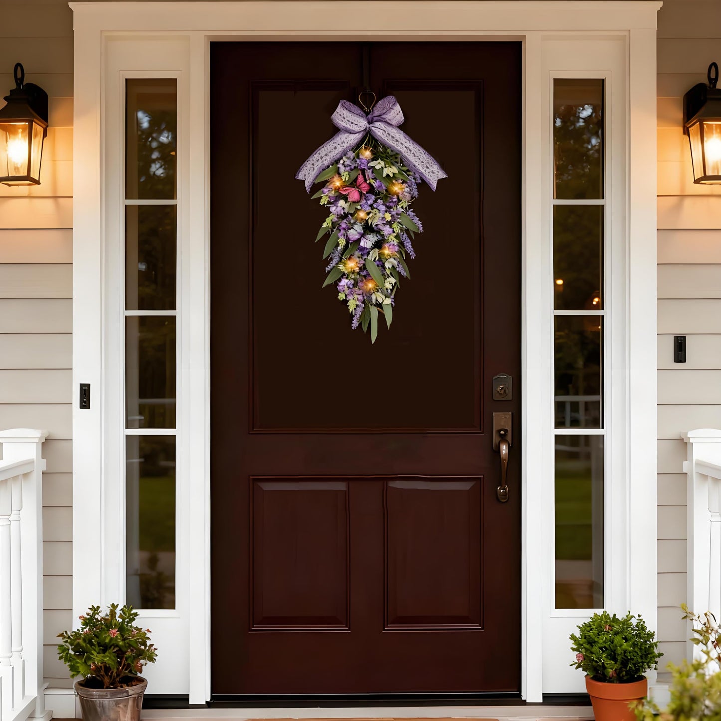 Jusdreen LED Teardrop Floral Wreath with Butterflies, Faux Lavender Hanging Decor with Lights for Farmhouse Home