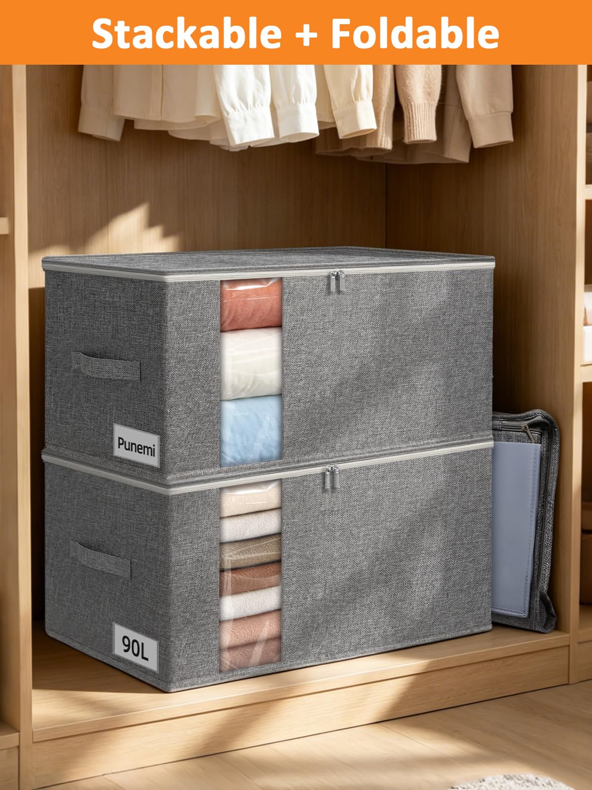 punemi King Size Comforter Storage Bag w/Sturdy Structure, 90L Extra Large Blanket Storage Bag for Bedding, Pillows, Quilts&Duvets, Stackable Closet Organizer with Clear Window,25.6x17.3x11.8in,Gray