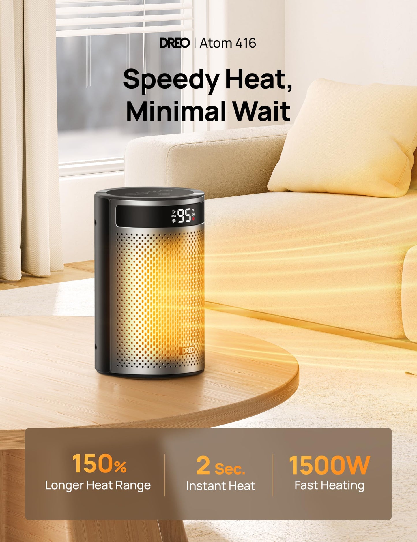 DREO Space Heaters for Indoor Use, Portable Heater with Thermostat, 1-12H Timer, Remote, Eco Mode, 1500W PTC Ceramic Fast Safety Heater for Office Bedroom