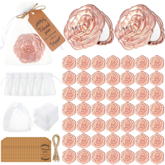 30 Set Rose Compact Mirror Bulk Wedding Favors for Guests Rose Shape Portable Folding Mirrors with Thank You Tag Jute Twine and Organza Bag for Quinceanera Bridal Shower Party Souvenir Gifts,Rose Gold