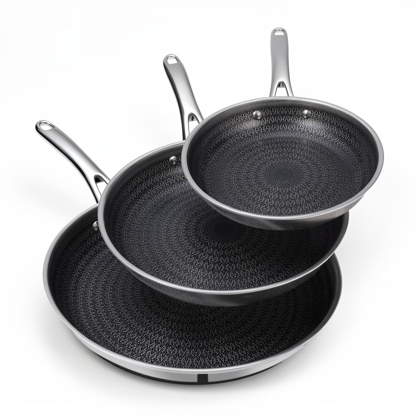Ammeloo Hybrid Tri-Ply Stainless Steel Frying Pan Set, 8"/9.5"/11" Cooking Pans, Non Stick Frying Pans and Skillets, Chef Pan, Non Toxic, Dishwasher Safe, Induction Compatible, Black Interior
