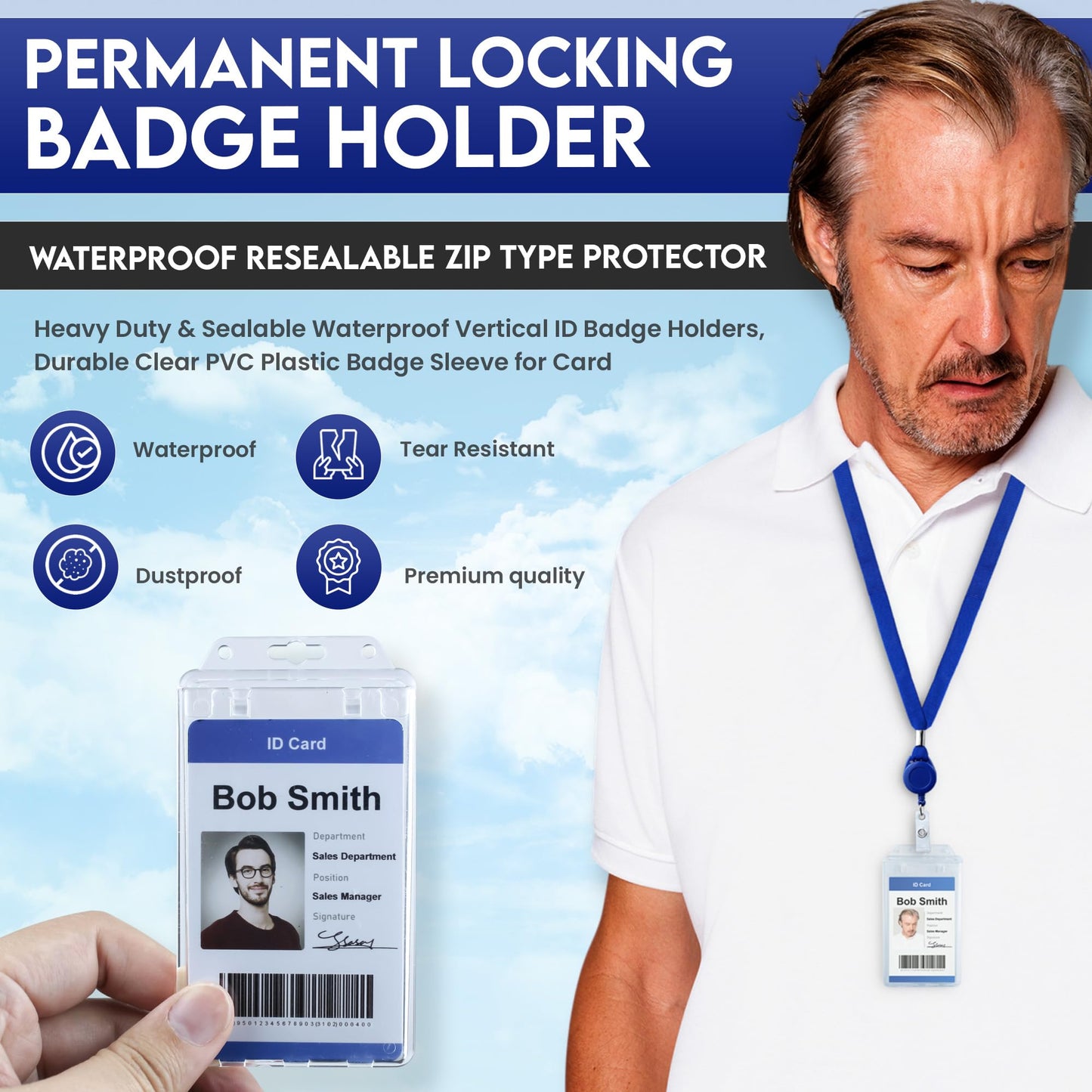Bestom 50 Pack Clear Rigid Plastic Permanent Locking ID Card Holders – Vertical Secure Dual Sided Work Badge Holder Fits Two Standard 30mil ID Badges or One Proximity/Prox Card