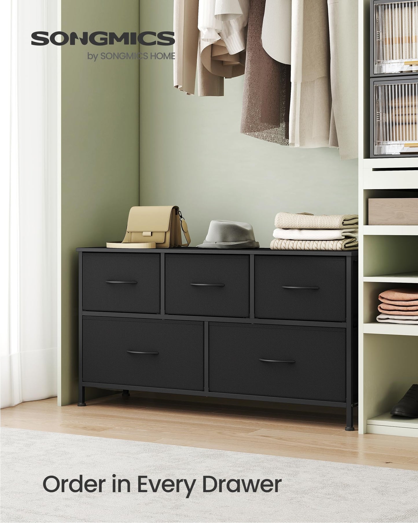 SONGMICS Dresser for Bedroom, Chest of Drawers, Steel, MDF, 5 Non-Woven Fabric Drawers, Storage Organizer Unit, Closet, Entryway, Ink Black and Ebony Black ULGS322B01S