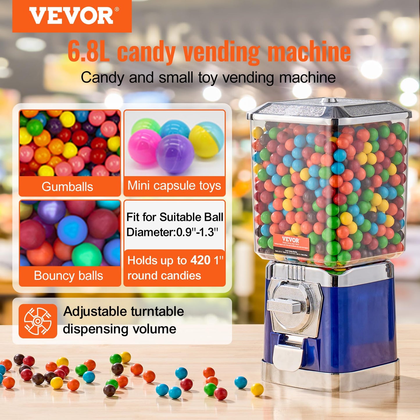 VEVOR Gumball Machine, 17"H Home Candy Vending Machine, PC Gumball Dispenser, Bubble Gum Machine for Game Stores, Coin Operated Gumball Bank for Toy Capsules Bouncy Balls Candy, Blue