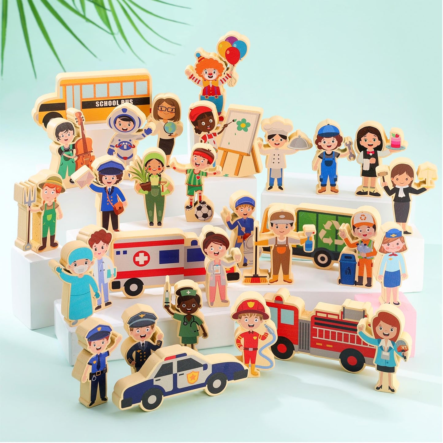 HIYZI - 40 pieces wooden community helpers for small people, professions, wooden blocks, professionals, children, simulation toys, multicultural numbers