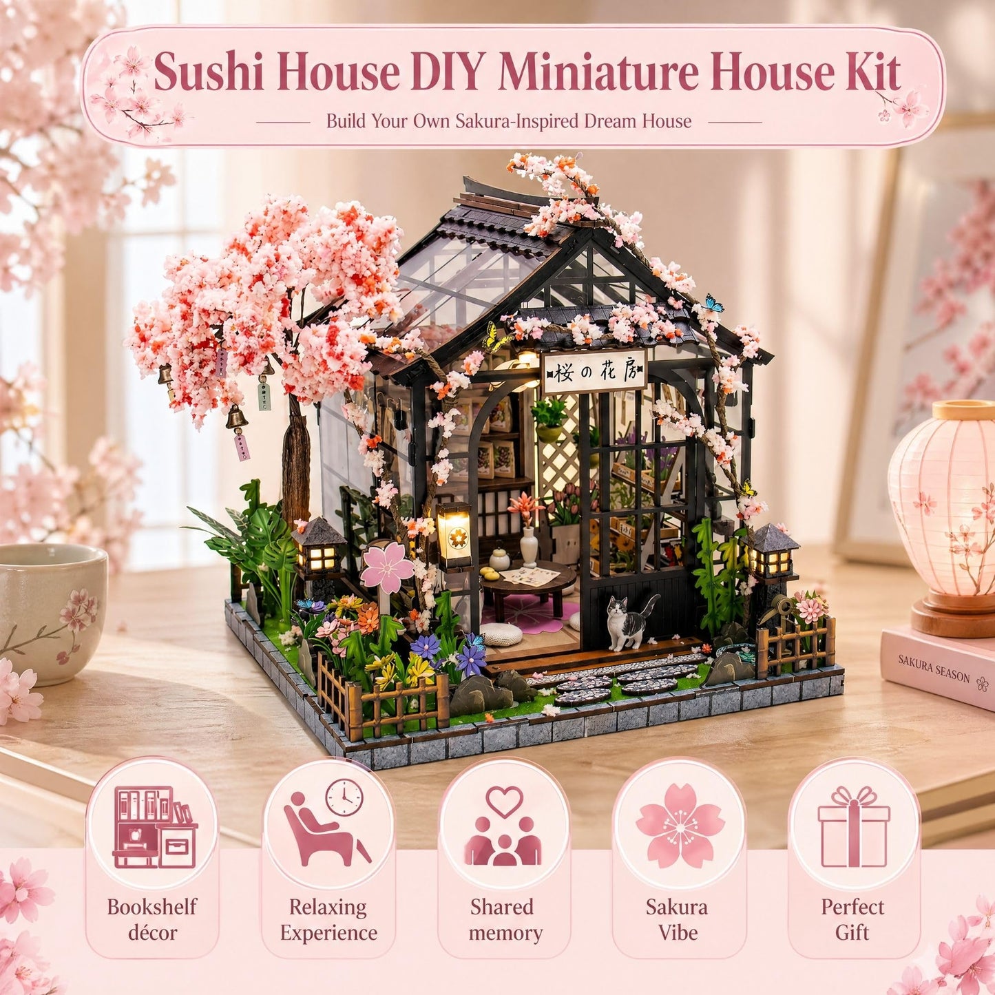 Soothee DIY Miniature House Kit, DIY Book Nook with LED Light, 3D Puzzles for Adults and Teens, Dollhouse for Bookshelf Decor, Tiny House Building Kits & Gift (Sakura Greenhouse)