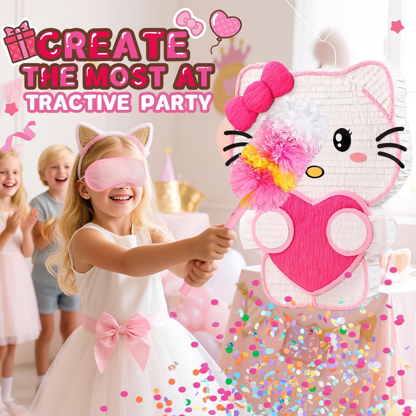21" Pinata for Birthday Party - 3D Pink Large Piñata, 24" Bat Stick, Eye Mask, Rope - Cute Love Heart Design, Large Party Decoration & Candy Holder for Girls Kids Theme Party, Room Decor & Centerpiece