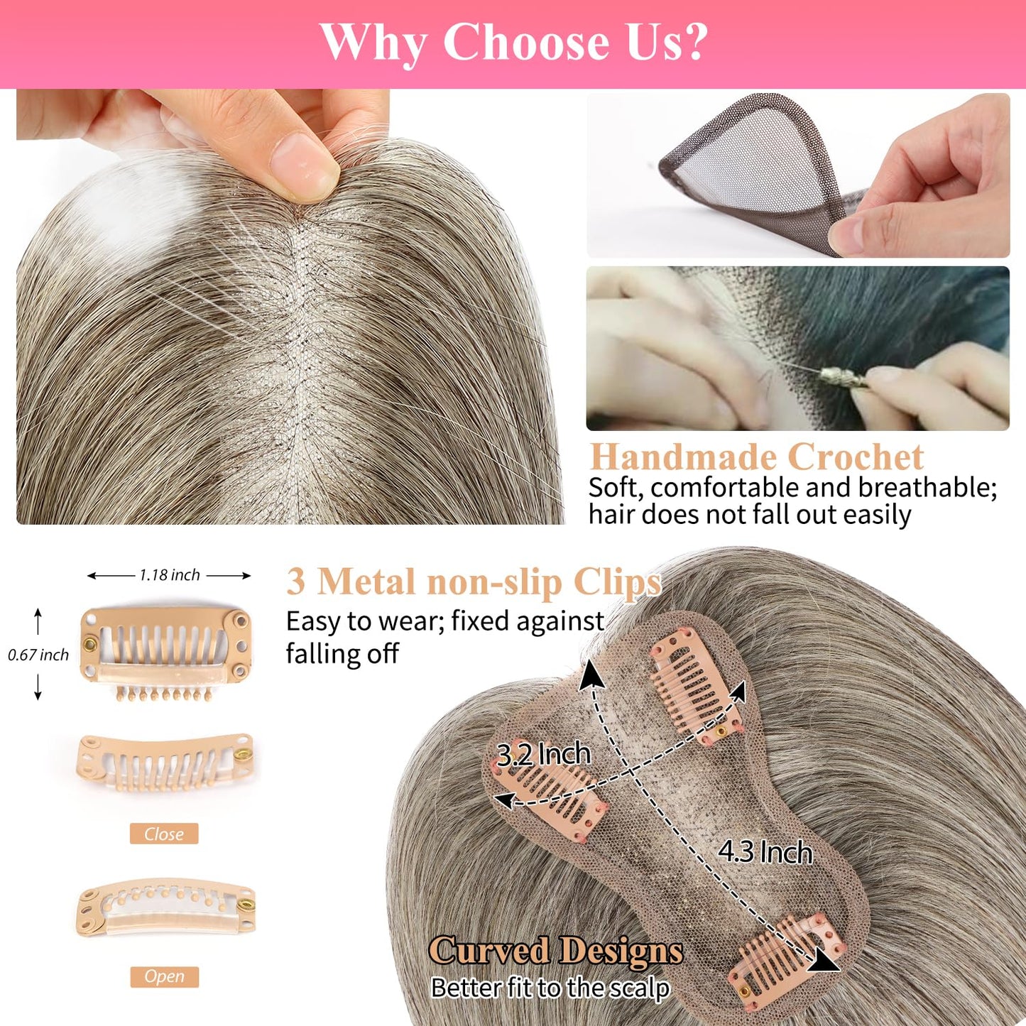 Uaismewow Hair Toppers for Women Real Human Hair Grey Hair Toppers Clip in Hair Toppers Human Hair Remy Hair Toppers for Women with Thinning Hair Real Human Hair 10inch Hair Toppers for Women