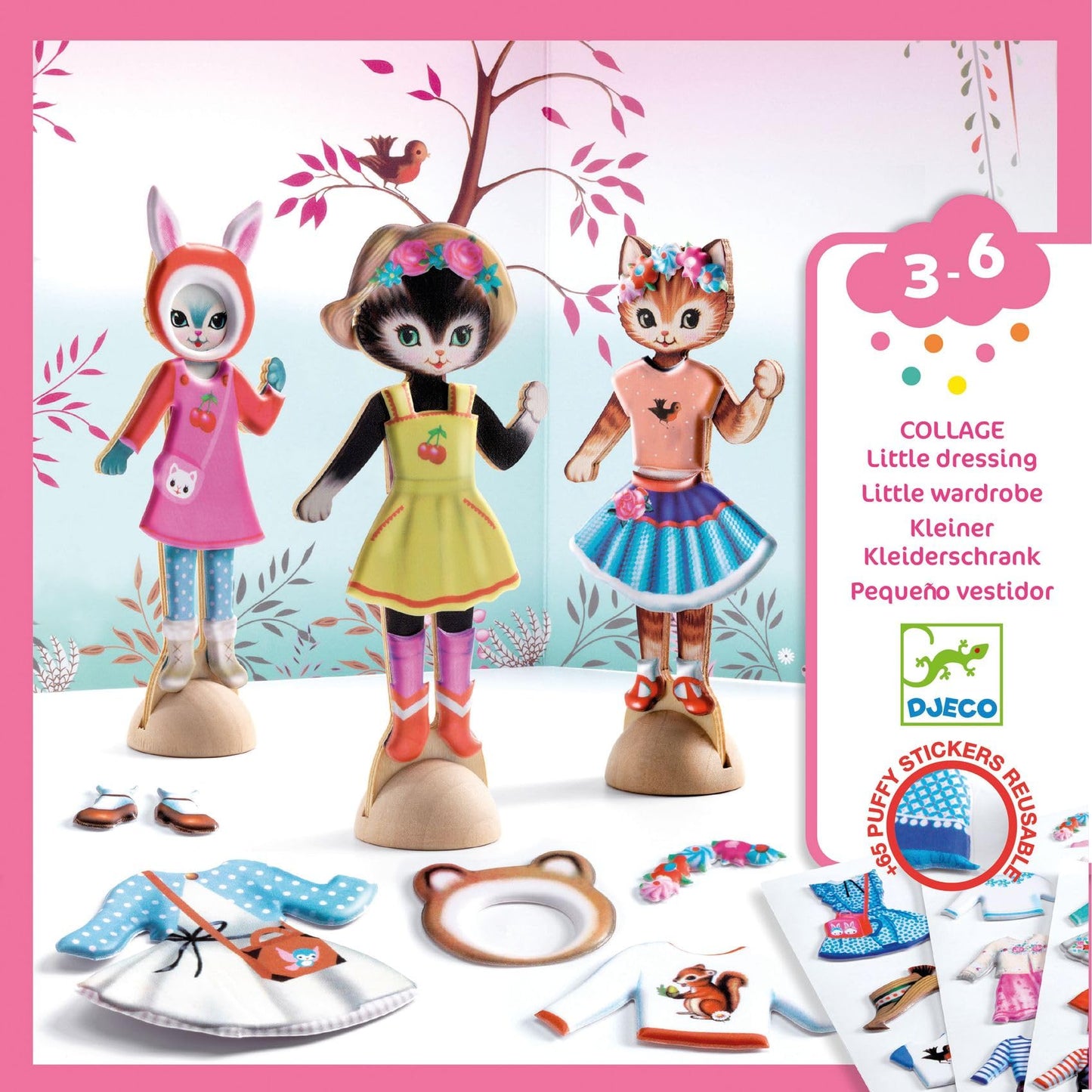Djeco Dress-Up Stickers - Wooden Cats & Stickers - Fashion Play for Kids 3+