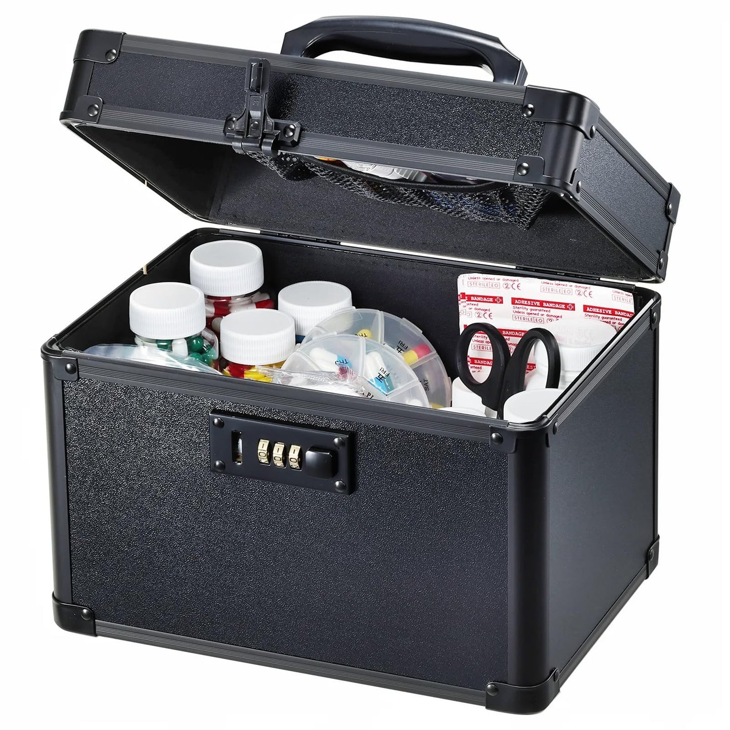 Lockable Security Storage Box - Shiny Black Safe Combination Lock Box, Cabinet Med Organizer, 10 x 7 x 7.9 Inches Safe Case for Documents, Valuables, Medicine & Money