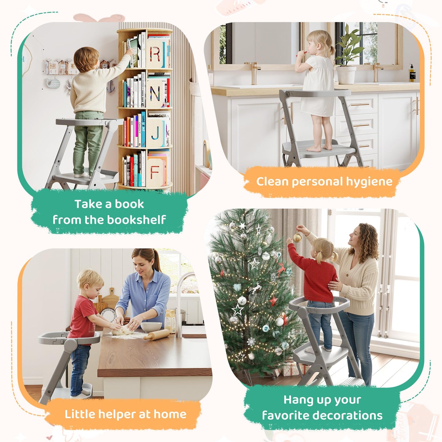 Toddler Tower, Non-Folding Structure for Maximum Stability, Kitchen Stool Helper with Anti-Tipping Structure and Safety Net, Ultra-Secure, Ideal for Toddlers 18 Months to 4 Years, Gray
