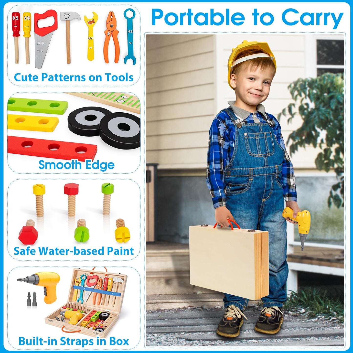 Kids Tool Set with Drill, Montessori Toys for 3 4 5 Year Old Kids, 44 Wooden Tool Kits for Toddlers, Box Included, Educational Building Toy