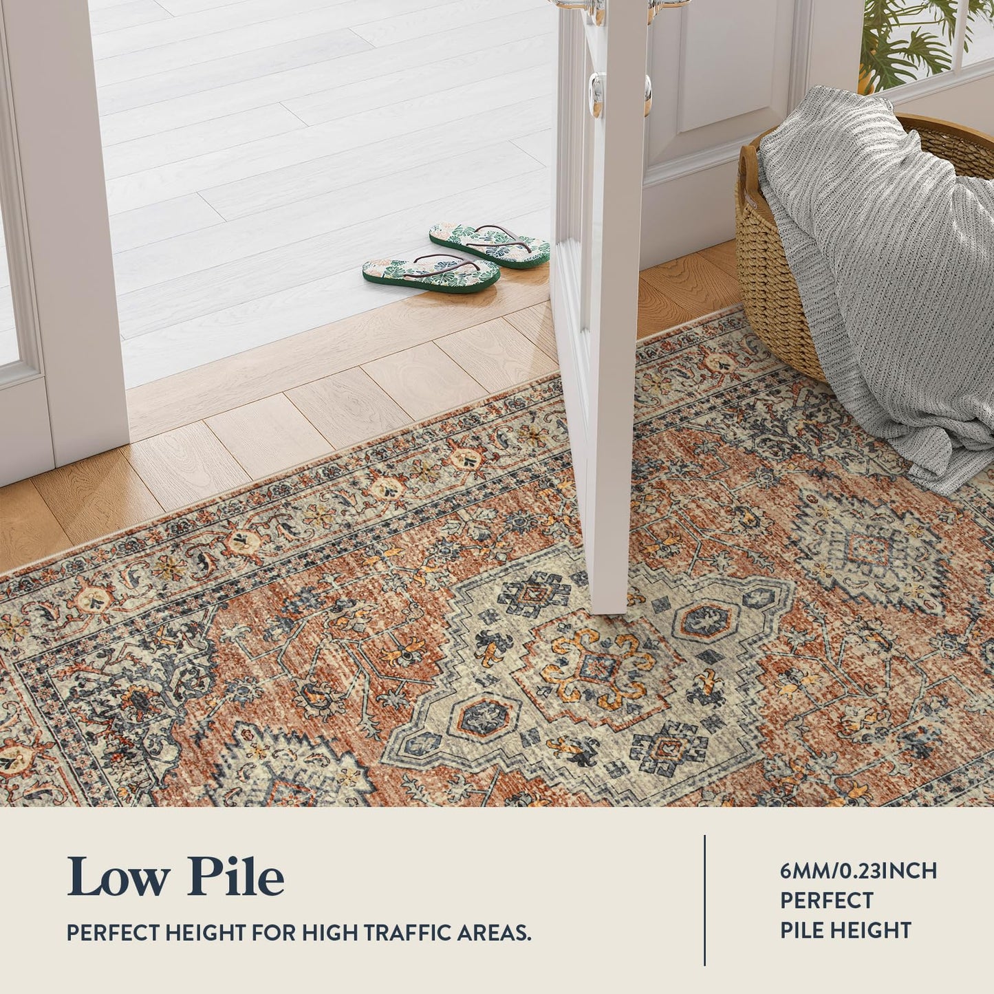 Lahome Oriental Kitchen Runners for Hallways, 2.5x10 Washable Runner Rug Non Slip, Soft Hallway Rug Distressed Ultra-Thin Long Carpet for Bathroom Entryway ‎Bedroom, Peach/Orange