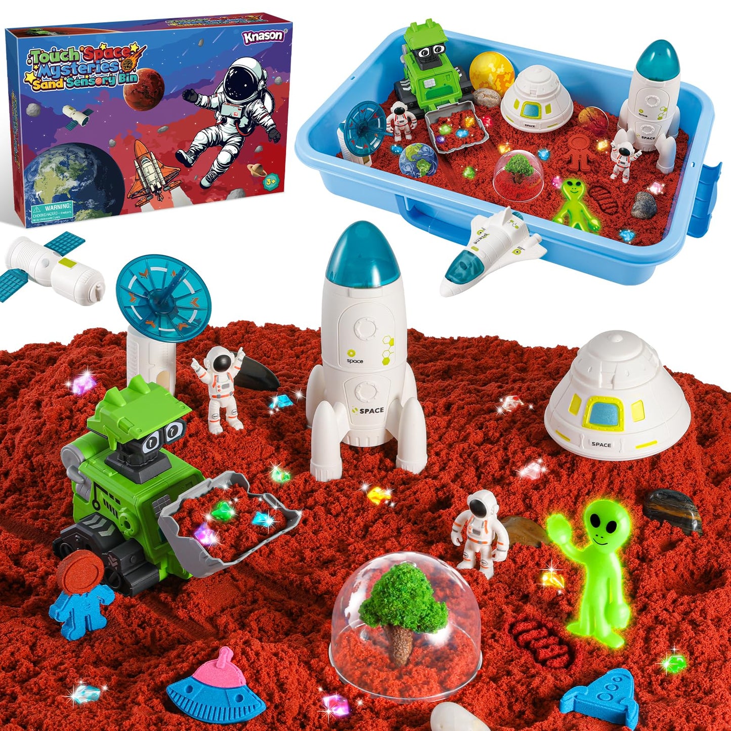 KNASON Outer Space Sensory Bin,Play Sand Kit for boys with 1 KG Sand,Glow in The Dark Alien and Gems,Space Science Kits Sandbox Toys Preschool Toddler Activities Christmas Gift for Kids Ages 3-8