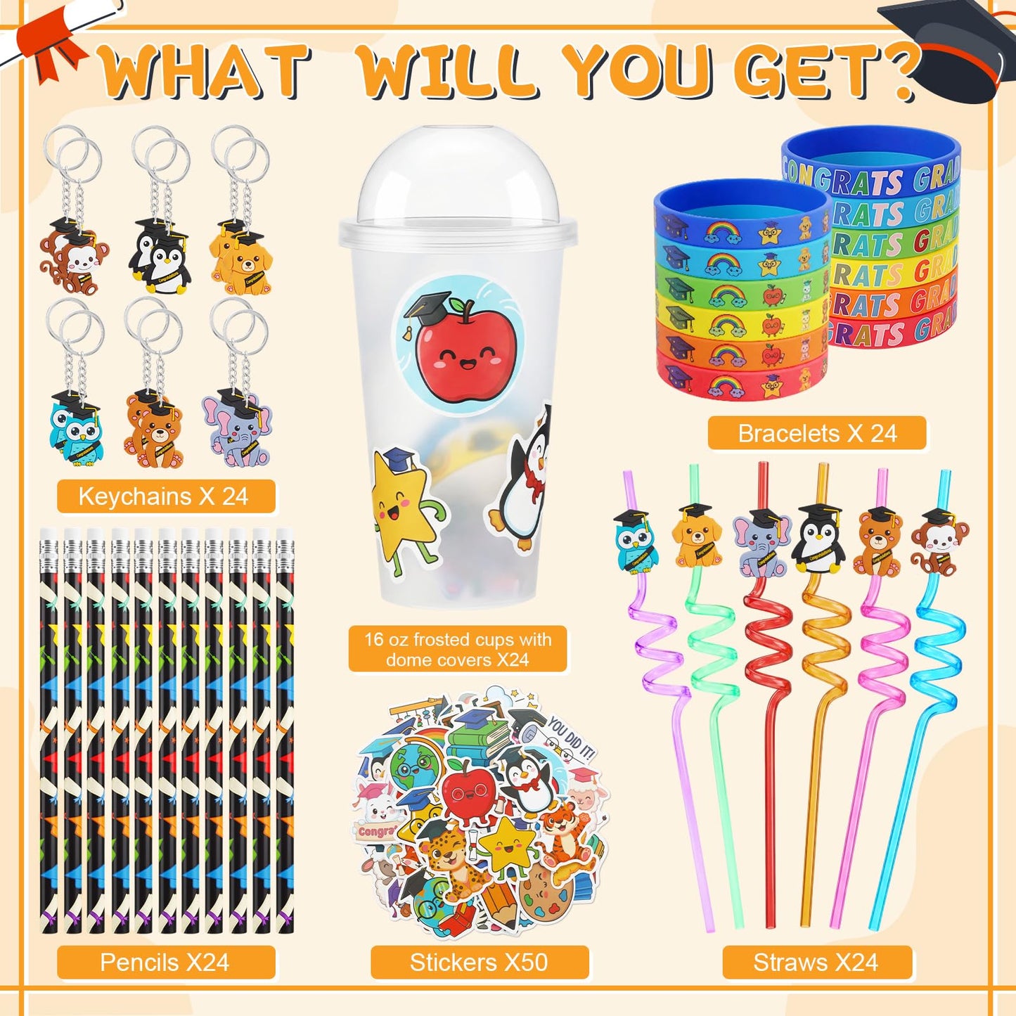 Funnymoom 194 Pcs Graduation Party Favors Class of 2026 Cup Fillers Congrats Grad Keychain Pencil Silicone Bracelet for End of Year Gift from Teacher Rewards Bingo Game Prizes, 24 Sets(Animal)