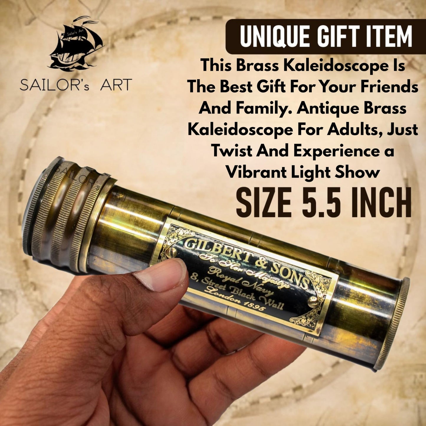 Sailor's Art Kaleidoscope with Case, Vintage Collection Kaleidoscope, Antique Finish Birthday Gift, 3D Lens Solid Brass 5.5 Inch for Friends and Family