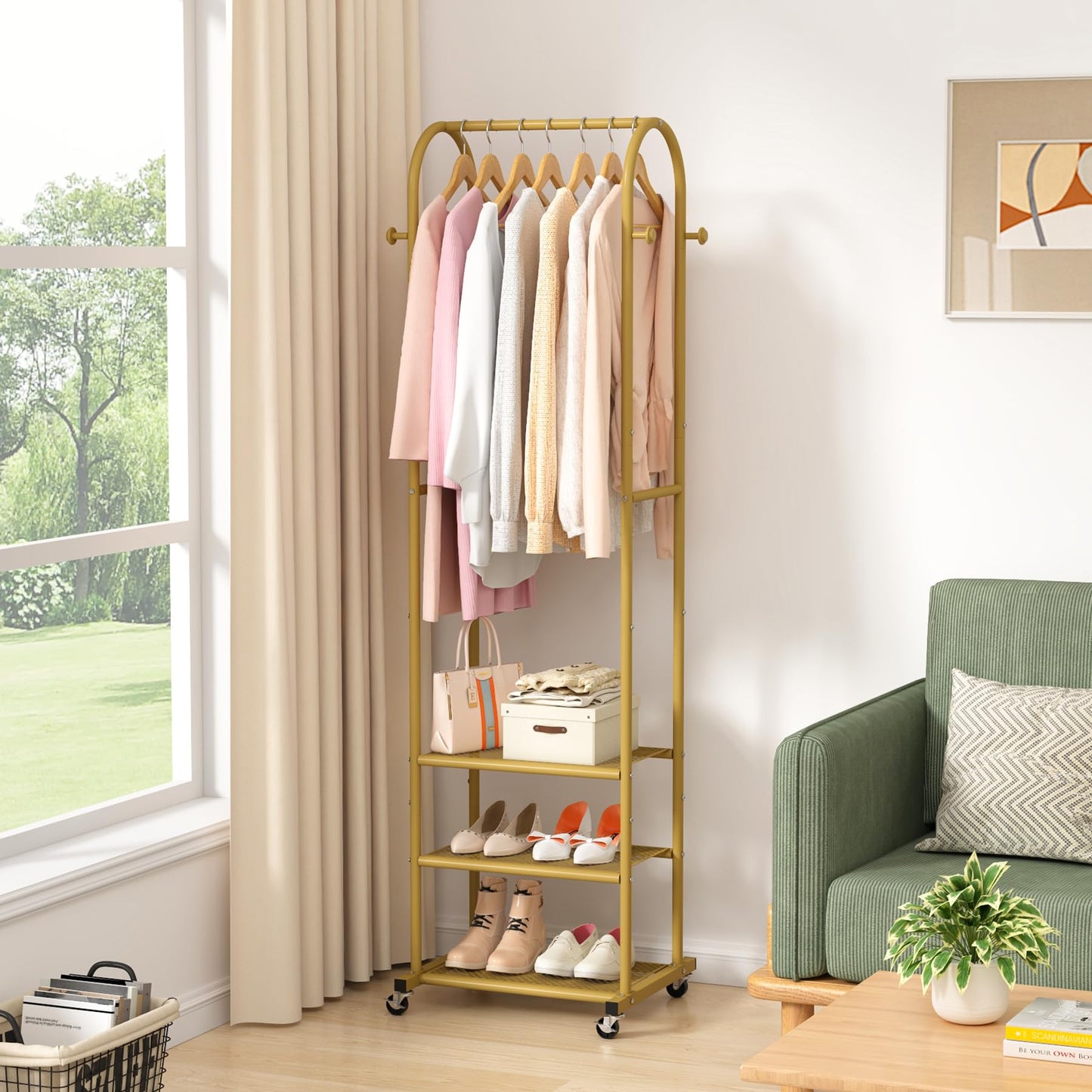 Kaitiemoo Heavy Duty Clothing Rack With Wheels,Modern Garment Rack With 3 Metal Shelves, 71.8Inches Display Rack For Hanging Clothes, Hanging Rod For Small Space,Gold