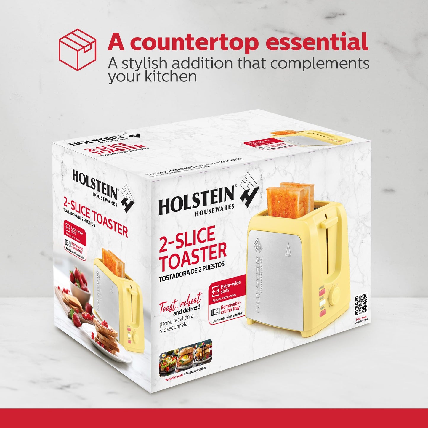 Holstein Housewares 2-Slice Toaster with 7 Browning Settings, Extra-Wide Slots, Reheat, Defrost, Cancel, High-Lift Release, Removable Crumb Tray – Compact Stainless Steel, Yellow