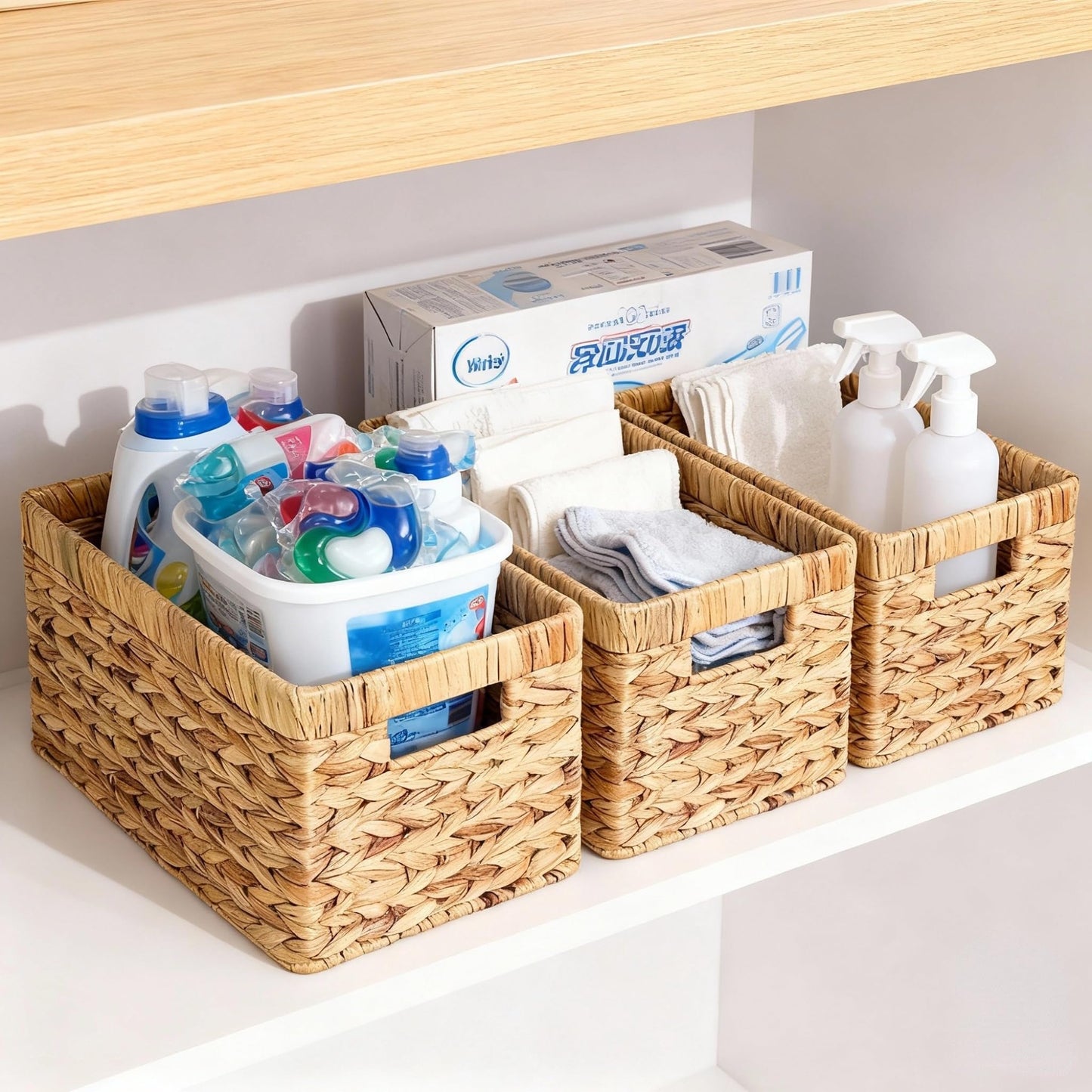 Water Hyacinth Woven Storage Baskets, Set of 4 Wicker Baskets for Organizing with Built-In Handles, Handwoven Rectangular Shelf Bins for Pantry, Bathroom, Kitchen, Closet (13 x 8.25 x 7 in)