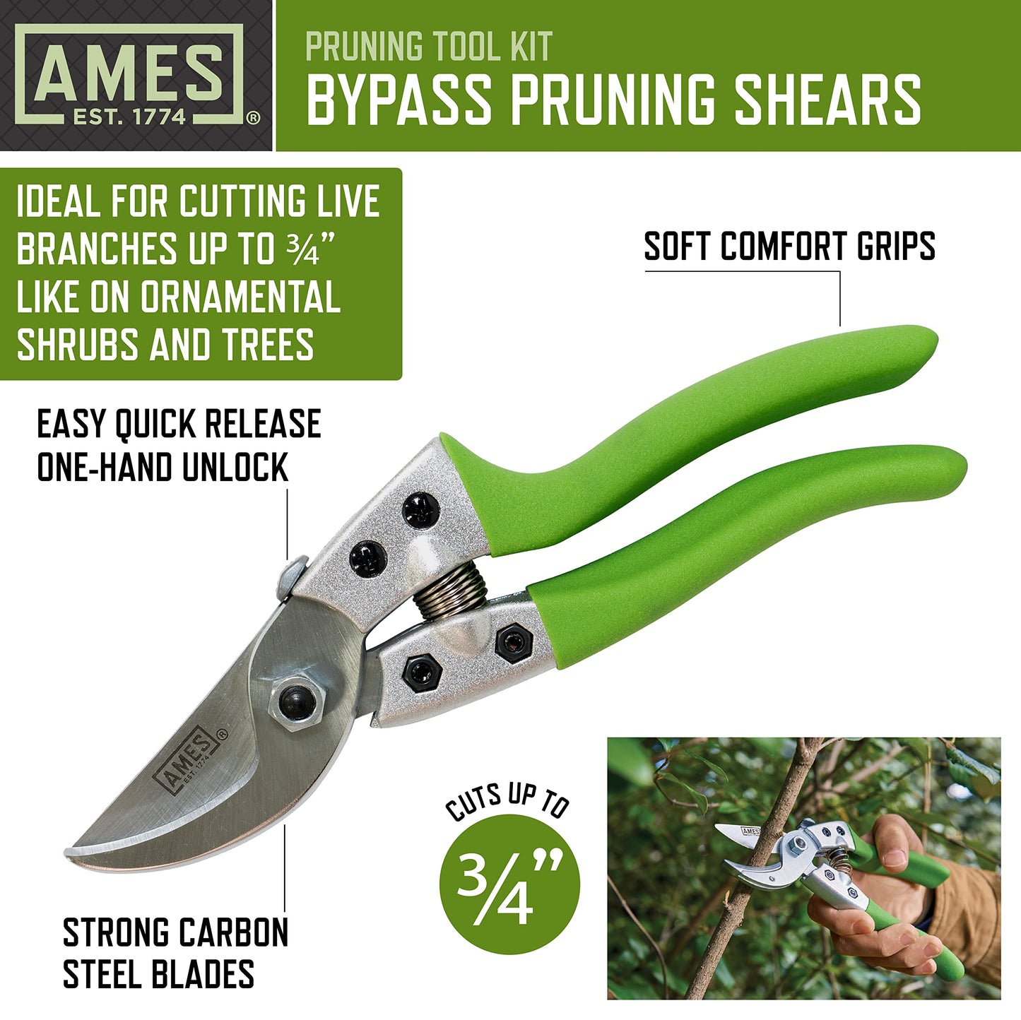 AMES 20213344 4-pc. Pruning Tools Kit with Bypass & Anvil Pruners, Garden Snips, Grass Shears & Canvas Case