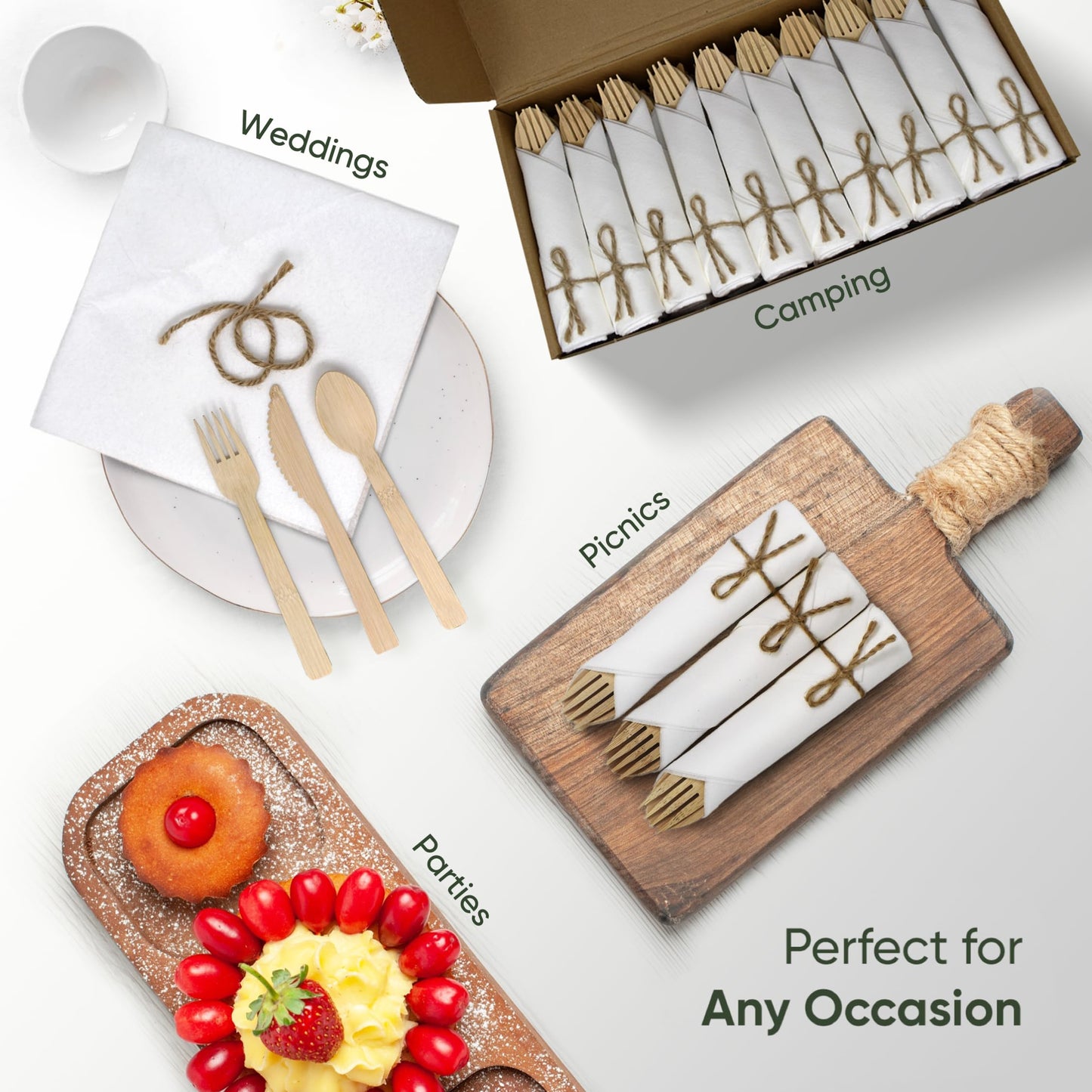 EcoPreps Premium Pre-Rolled Napkin and Bamboo Cutlery Set (30 Pack, 120 PCS) 100% Biodegradable, Eco-Friendly, Disposable Wrapped Cutlery - Includes Pre-Wrapped Bamboo Forks, Knives, Spoons, & Napkins