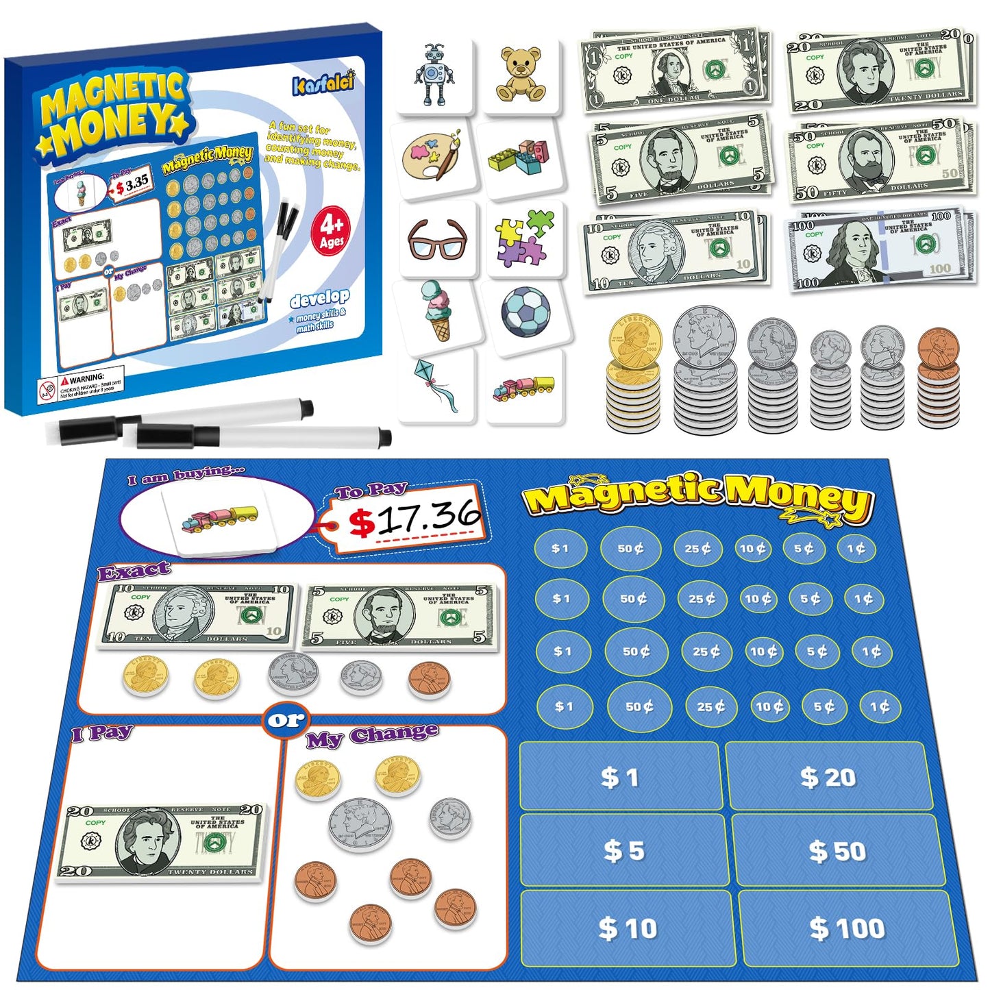 60 PCS Magnetic Money for Kids for Learning, Math Manipulatives, Learning & Education Toys for Classroom, Pretend Play, Math Games for Toddler, Teacher and Homeschool Supplies