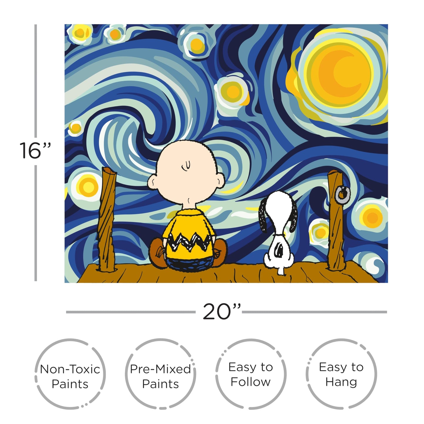AQUARIUS Peanuts Starry Night Art by Numbers Painting Kit (16 x 20 Stretched Canvas) 24 Paints, 3 Paint Brushes, Ready to Hang, Officially Licensed Peanuts Collectible - 16x20 in