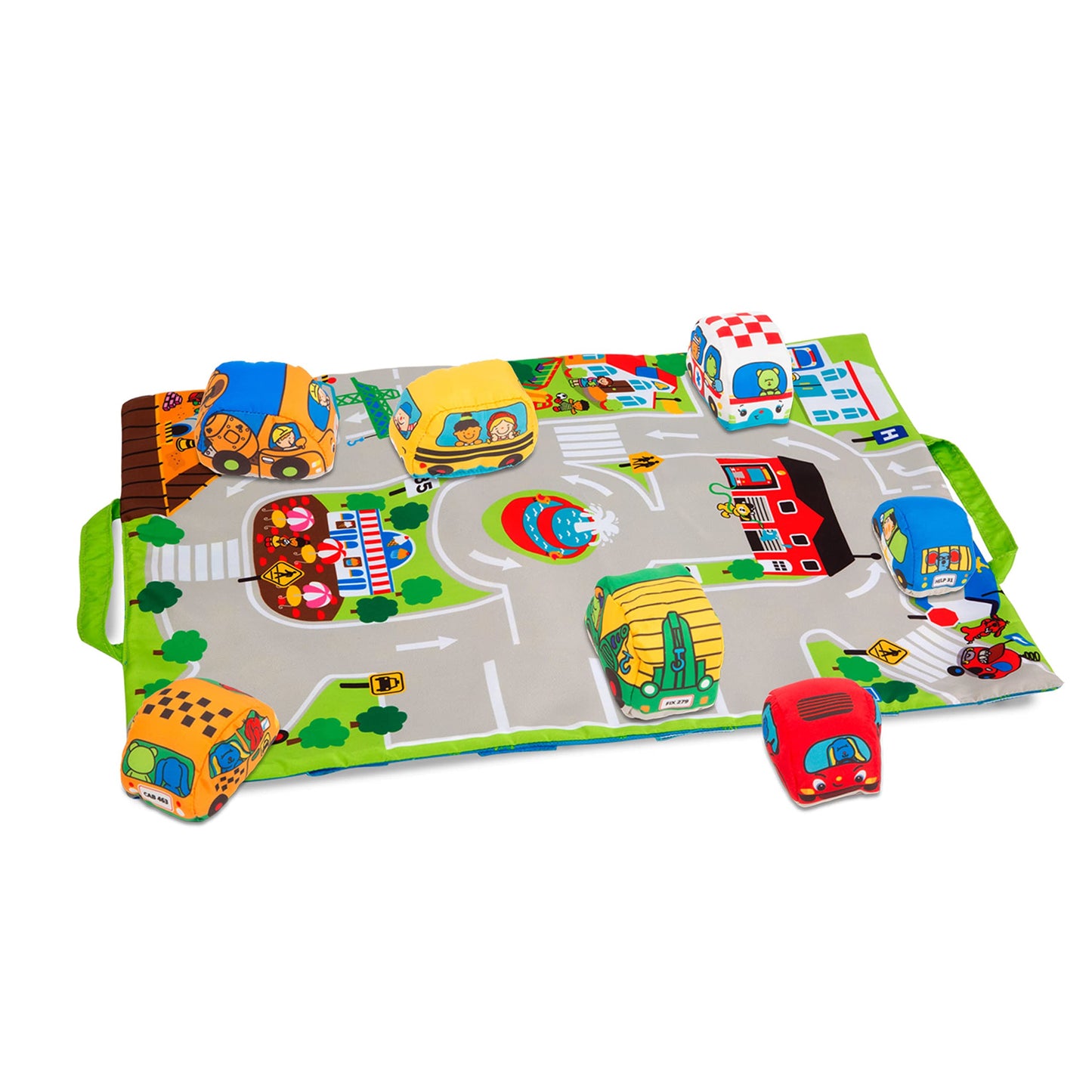 Melissa & Doug Take-Along Town Play Mat (19.25 x 14.25 inches) with 9 Soft VehiclesSoft Baby Play Mat with Storage Bag, Toy Vehicle Sets for Babies