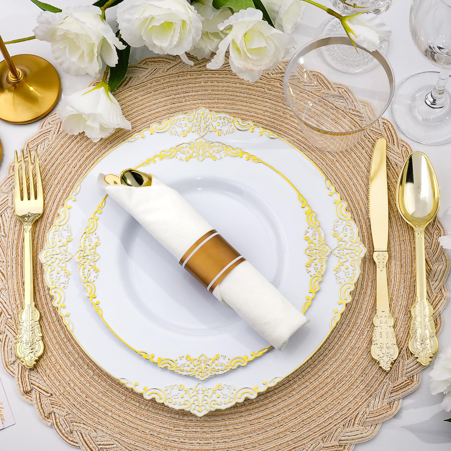 Realluck 350 PCS White and Gold Plastic Plates, Plastic Dinnerware Set for 50 Guests, 100 Disposable Plates, 150 Silverwares, 50 Cups, 50 Napkins for Party, Wedding, Graduation