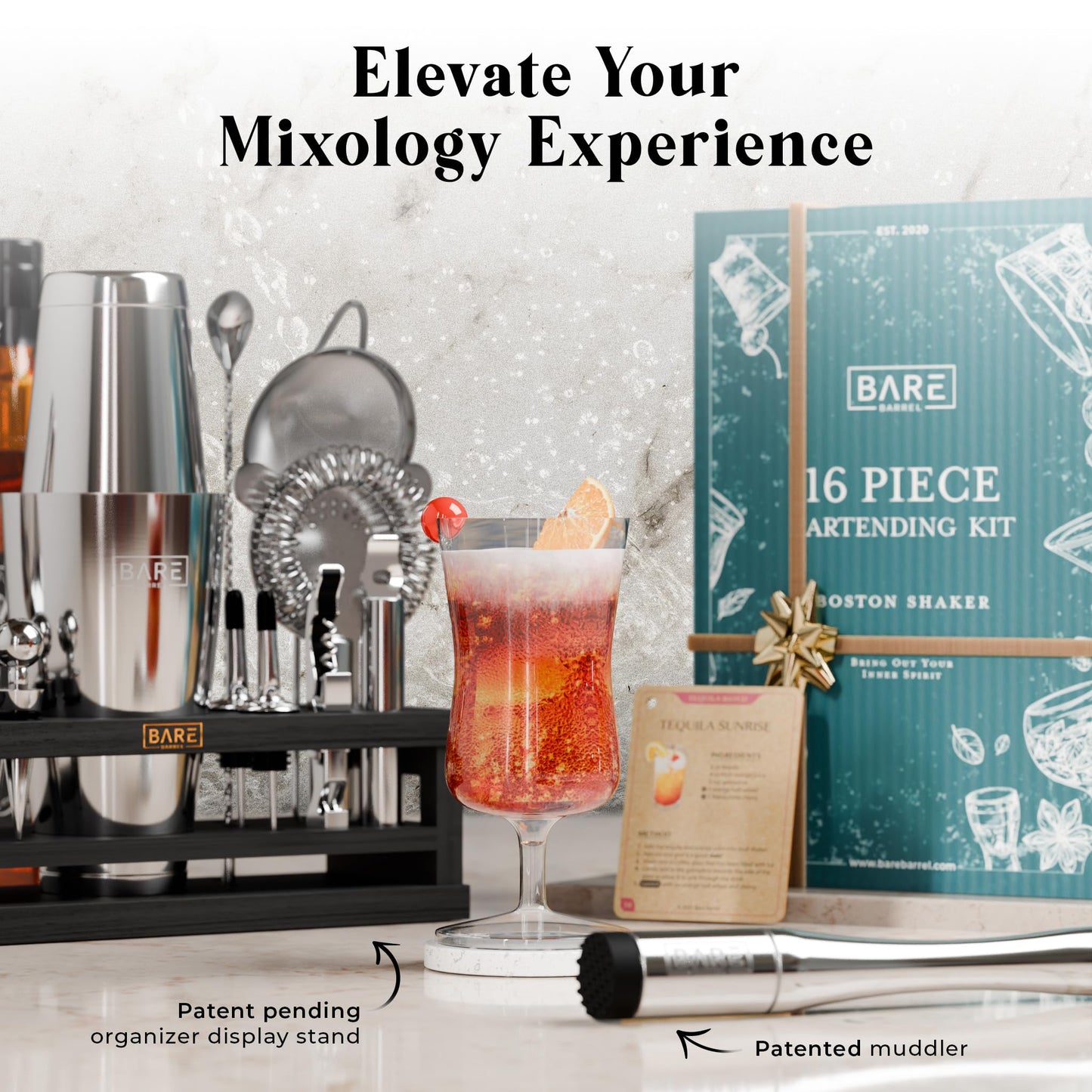 BARE BARREL® Mixology Bartender Kit Bar Set | 16-Piece Cocktail Shaker Set | Martini Barware Mixing Tools for Home Bartending | Incl. 35 Recipe Cards | Gift Set (28oz Boston Shaker, Silver/Black)