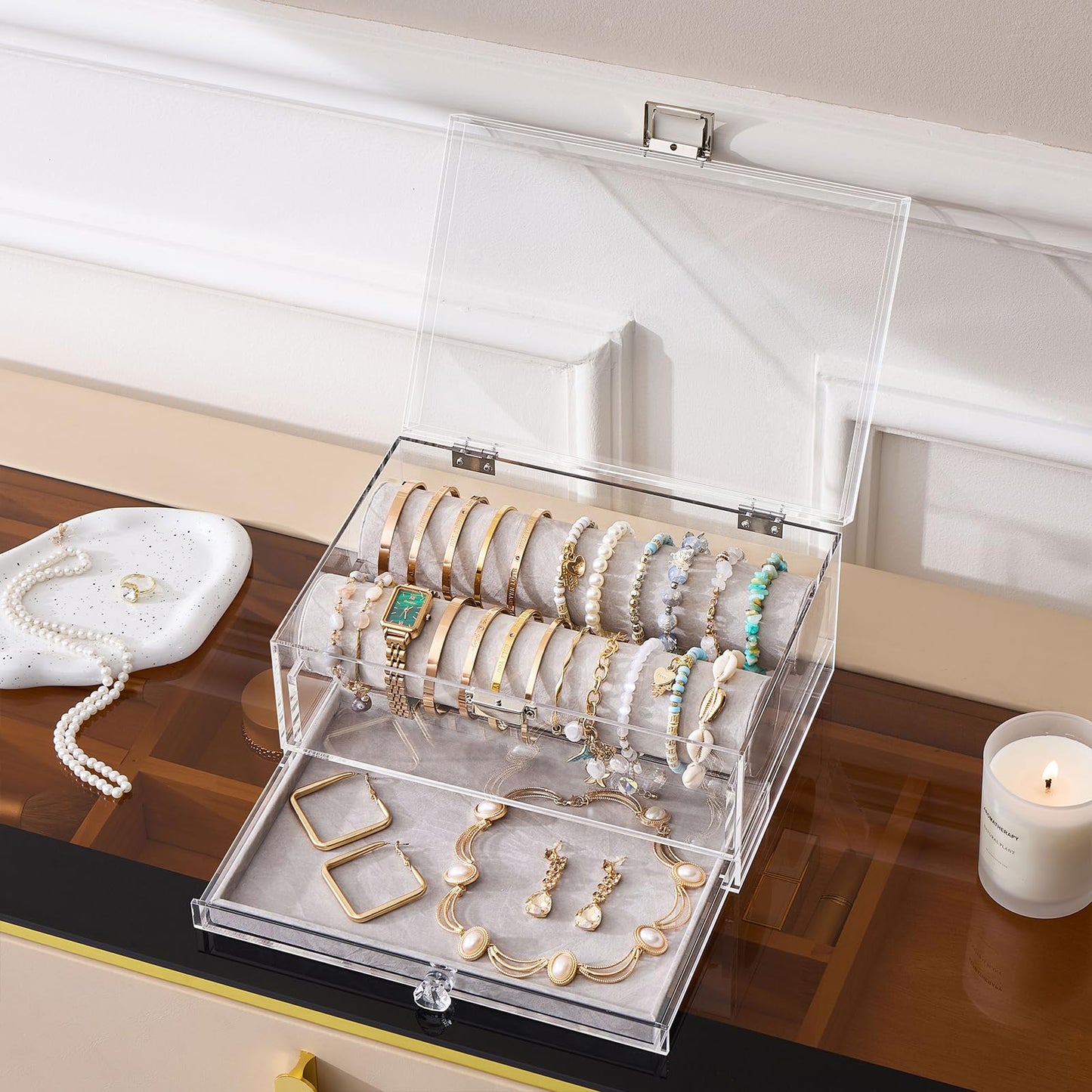 Lolalet Acrylic Bracelet Organizer Box, Clear Jewelry Display Holder for Bangles Watches, Jewellery Accessories Storage Case for Women -with Drawer