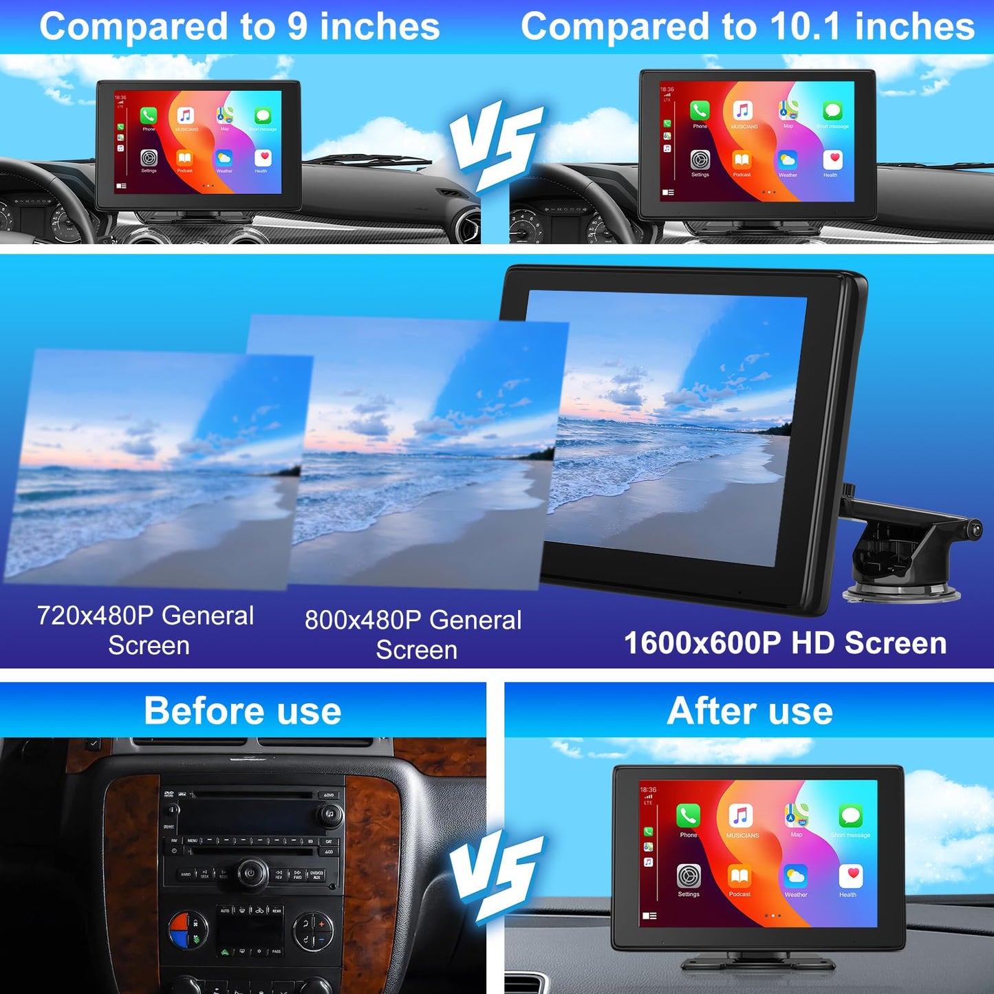 10.1" CarPlay Screen for Larger Vehicles - Wireless Car Stereo Touchscreen for Apple Carplay & Android Auto, 4K Dash Cam, HD Backup Camera, GPS, Mirror Link, Siri, BT, AUX-Ideal for SUVs, Trucks, Vans
