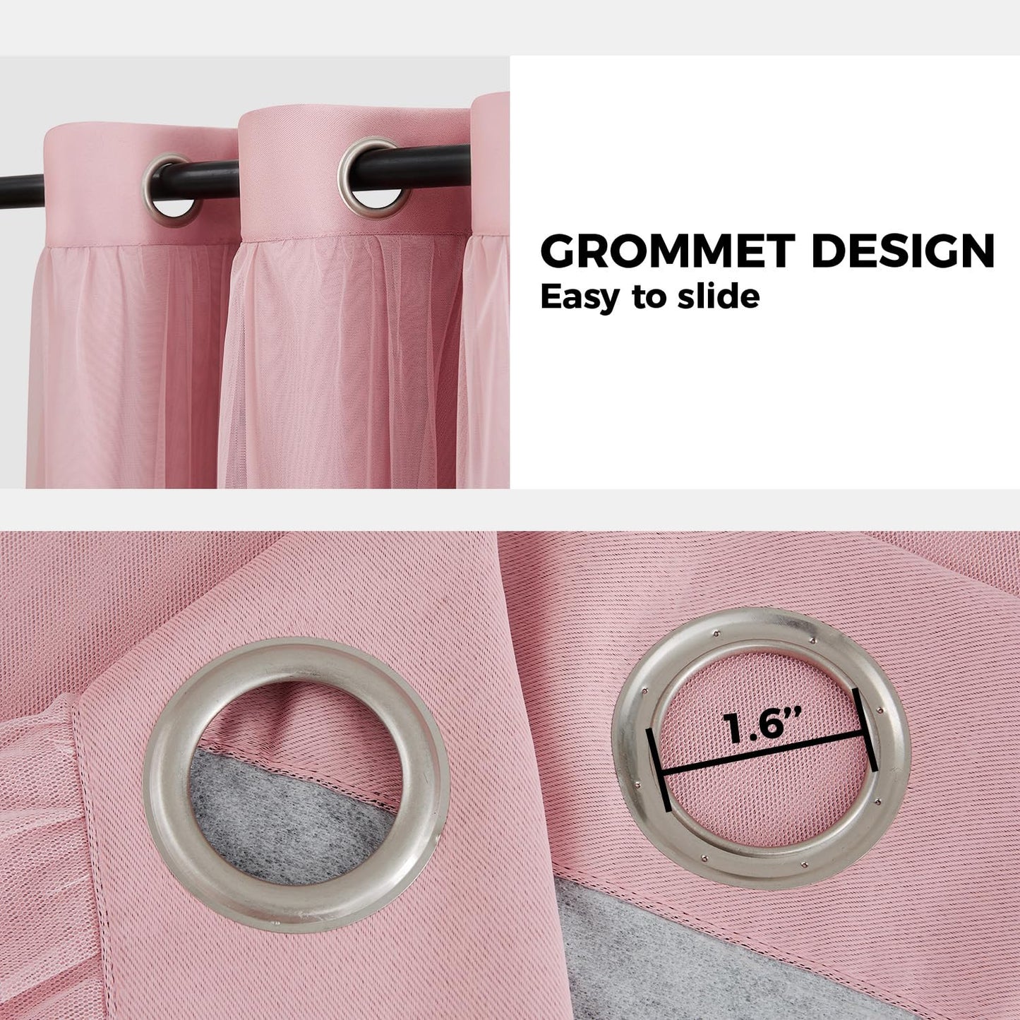 Swandream 100% Blackout Curtains for Bedroom, Double Layer Pink Curtains, Black Out Curtain 84 inch Long with Sheer Overlay for Living Room, Room Darkening Window Drapes with Grommet, 52" W x 84" L