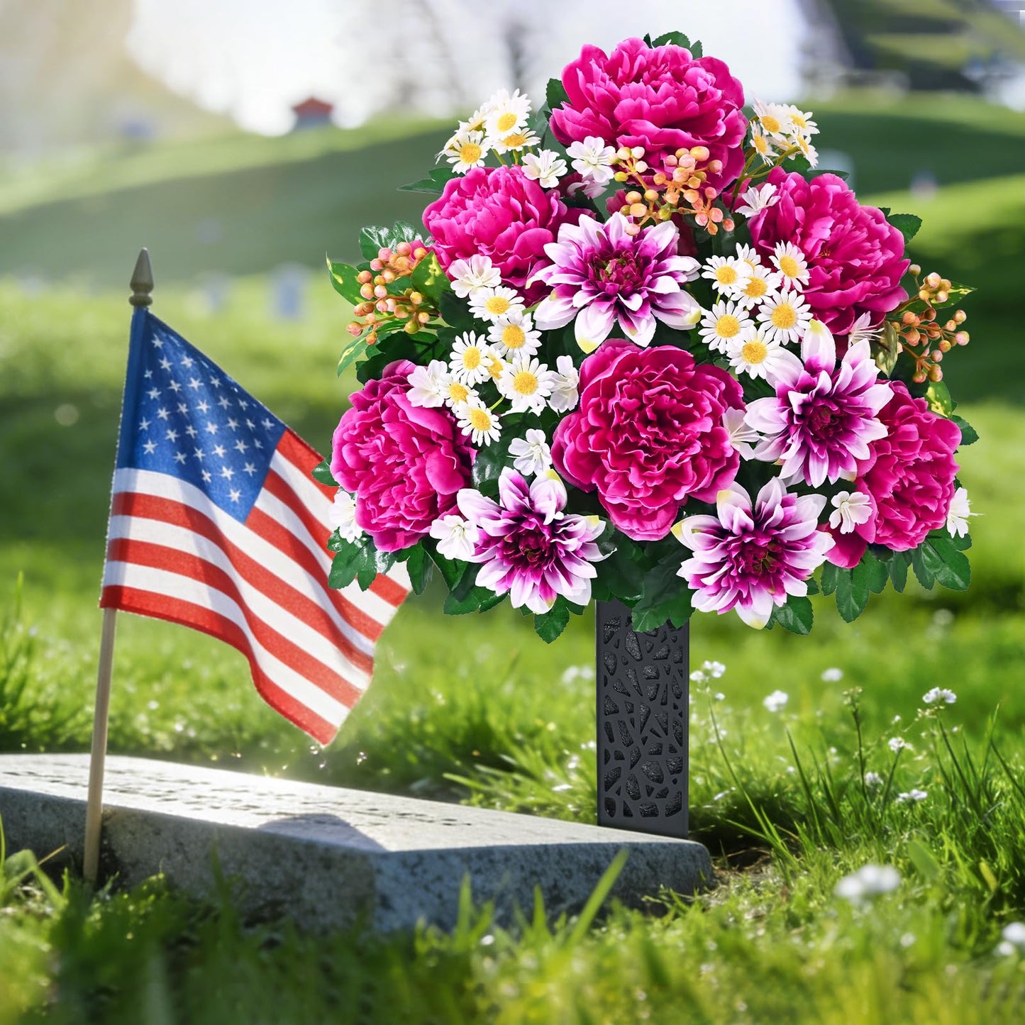 Dolicer Artificial Cemetery Flowers for Grave, Set of 2 Memorial Grave Flowers for Cemetery with Vase Realistic Silk Gravesites UV Resistant Peony Daisies Flowers Decorations (Red with White)