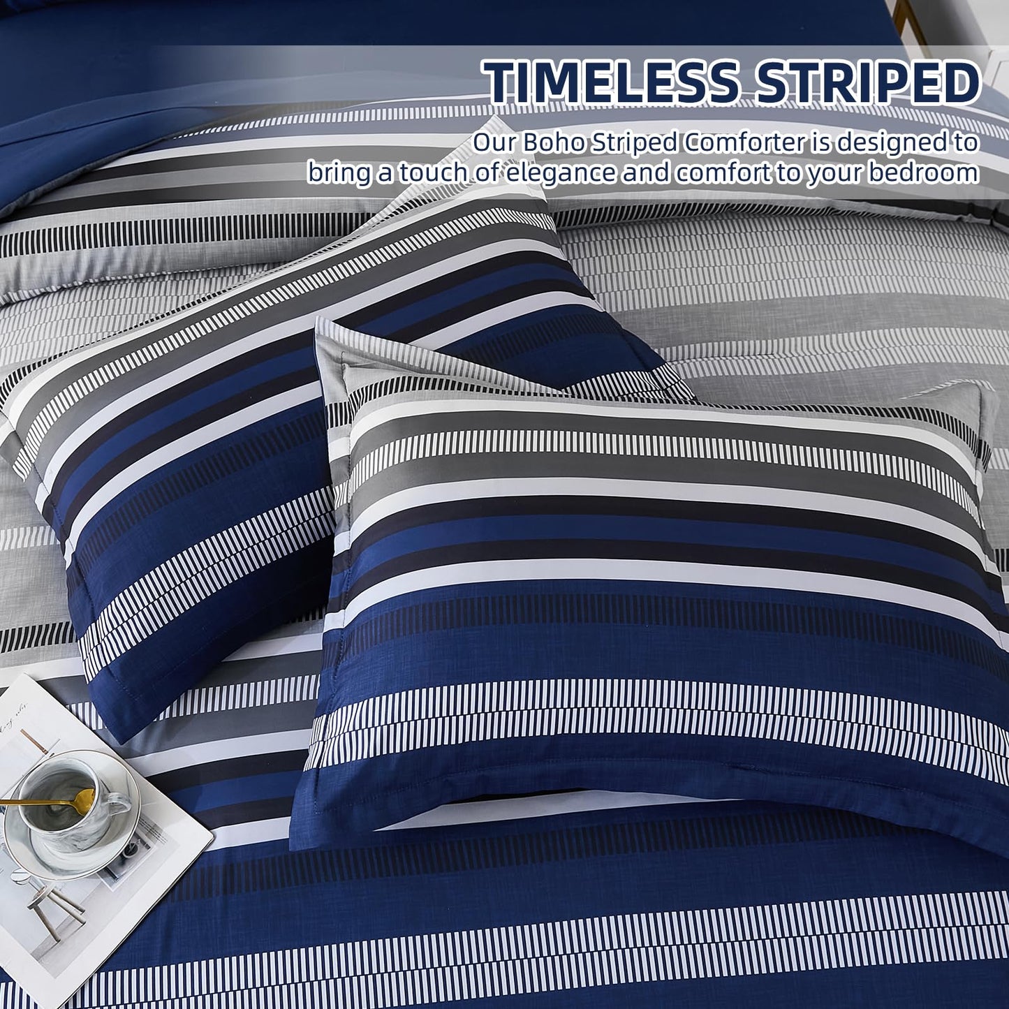 Dobuyly Navy Blue Queen Comforter Set 7 Pieces, Boho Striped Bed in a Bag Queen Size Soft Microfiber All Season Bedding Set with Comforter, Sheets, Pillowcases & Shams