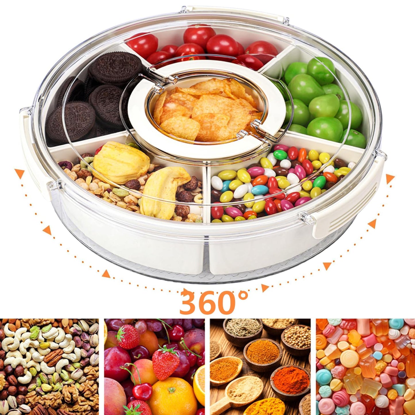 Snackle Box Container Divided Serving Tray with Lid, 6-Compartment Portable Spinning Round Stackable Container, Handle for Organize Veggies, Fruit, Candy, Party Snacks, Nuts, Kitchen Party Essentials